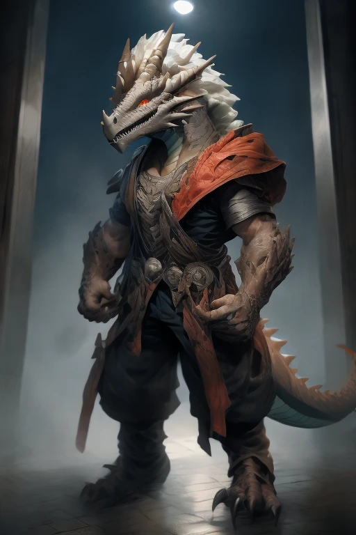 male dragon, anthro, escamas escuras (brilhantes), corpo bem definido (forte e musculoso), peitoral nu (bem definido), usando uma tanga (sensual e provocante), grande voluma a mostra na tanga, pernas grossas e bem definidas (musculosas), hands and arms to forearms well-defined arms, corpo proporcional ao tamanho (2 metros de altura), numa rua deserta durante a noite, lua cheia ao fundo, carrying a large sword on his back with one hand, imagem de melhor qualidade, estilo anime de terror/suspense, imagem estilo anime de 1980