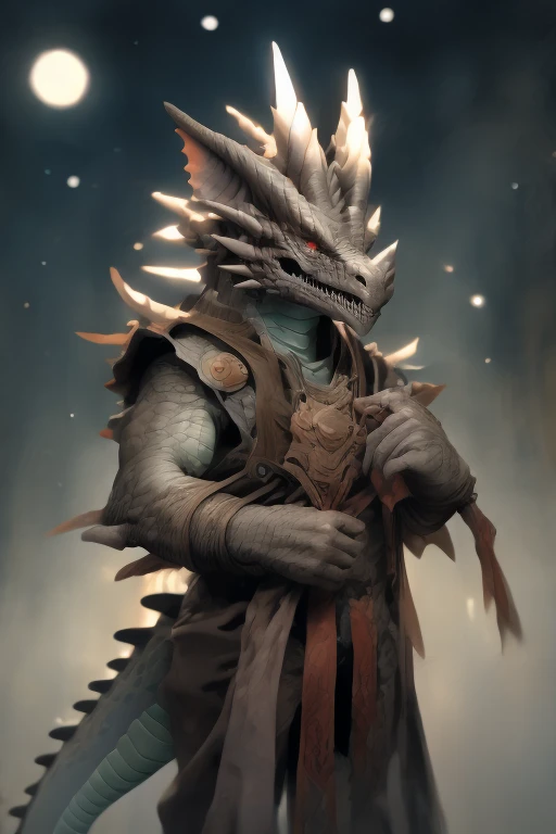 male dragon, anthro, escamas escuras (brilhantes), corpo bem definido (forte e musculoso), peitoral nu (bem definido), usando uma tanga (sensual e provocante), grande voluma a mostra na tanga, pernas grossas e bem definidas (musculosas), hands and arms to forearms well-defined arms, corpo proporcional ao tamanho (2 metros de altura), numa rua deserta durante a noite, lua cheia ao fundo, carrying a large sword on his back with one hand, imagem de melhor qualidade, estilo anime de terror/suspense, imagem estilo anime de 1980