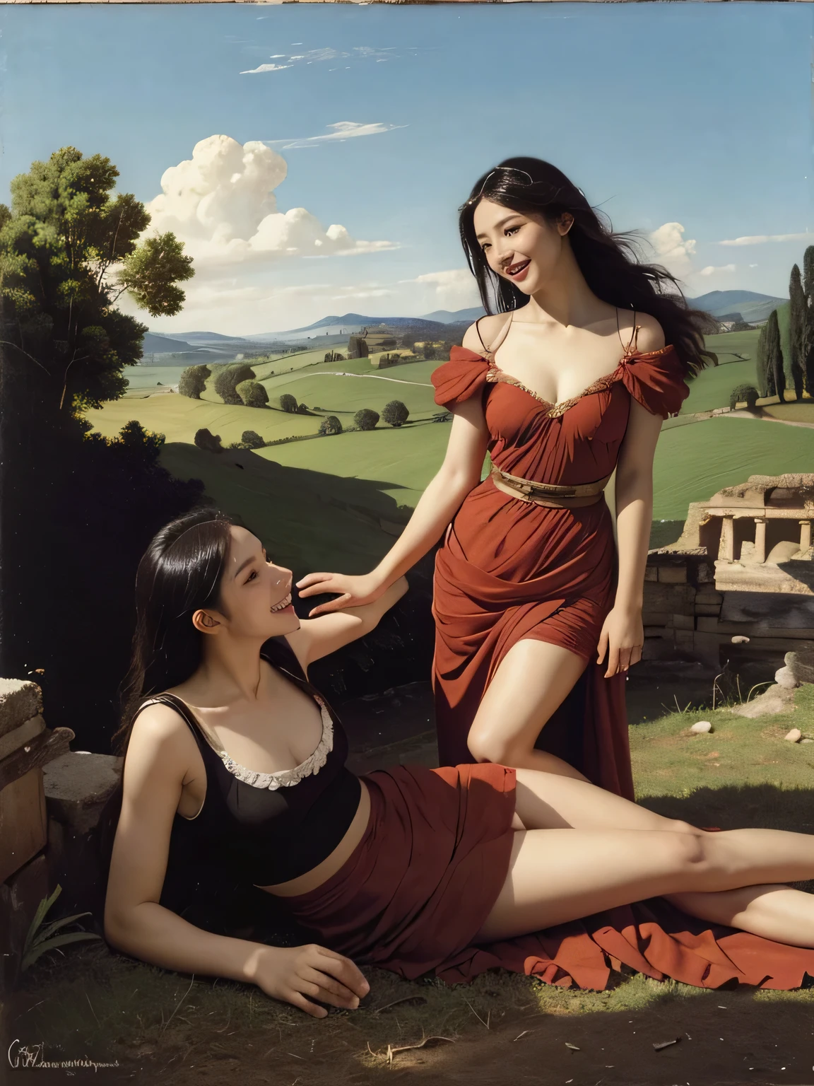 Giorgione painting style,Arguments of two female Philosophe,math、astronomical machine、astronaut、roses in vase、fruits、Cute trinkets、smile、ancient greek costume、Ancient Roman landscape in the style of Nicolas Poussin,laughter,,Sweet and seductive appearance.、Caravaggio's paintings、Chiaroscuro of Caravaggio、hair tousled by the wind,Two women frolicking,cute smile, expression of ecstasy,Sexy,erotic