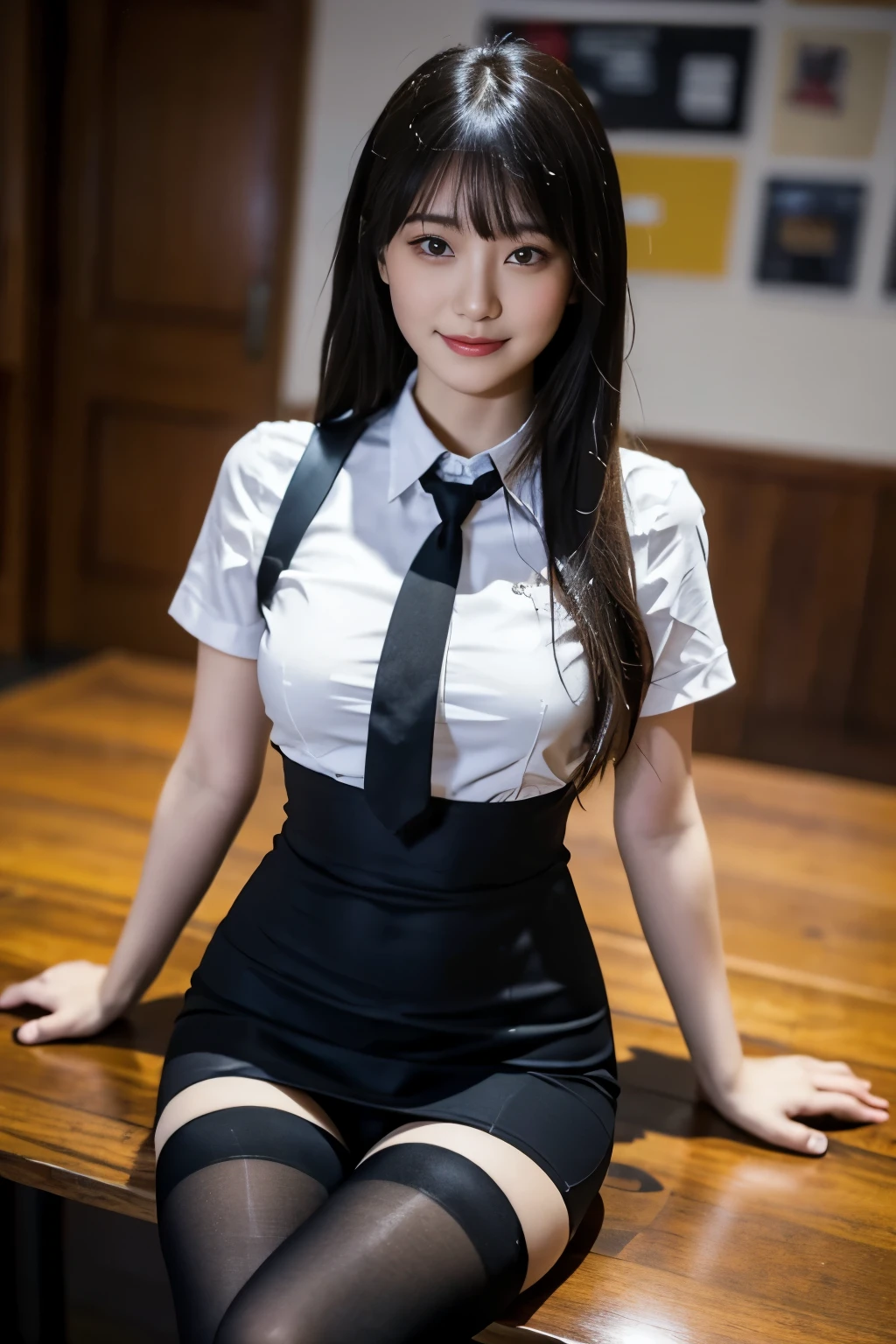 table top, highest quality, figure, super detailed, finely, High resolution, 8k wallpaper, 完璧なダイナミックな構figure, beautiful and fine eyes, business suit,natural color lip, smile、18 year old girl,Wearing black tights and stockings、plump thighs、shortcut
