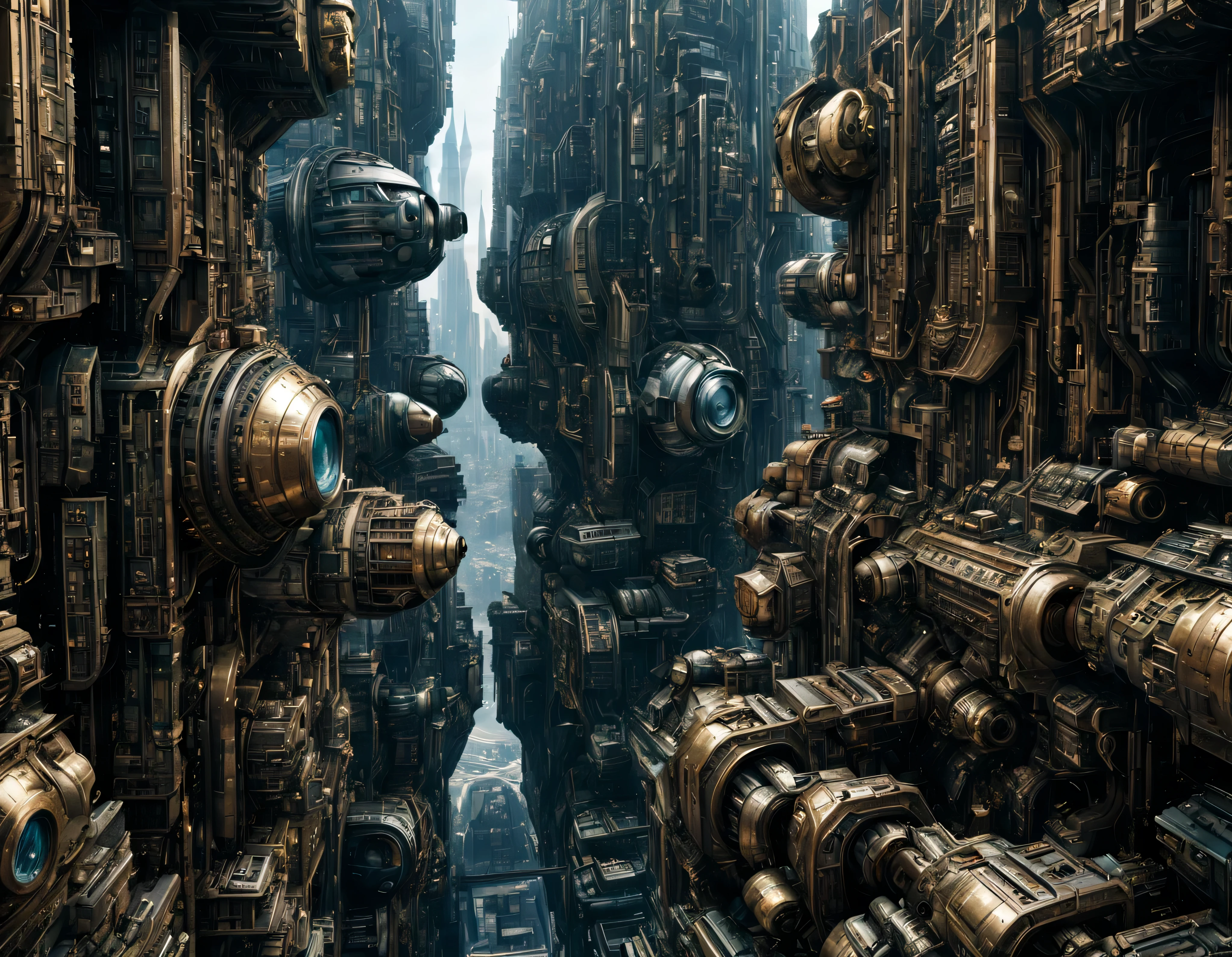 megacity, megalopolis of an imaginary world of science fiction and maximum fantasy, con inmensos edificios ovalados agrupados de metal y cristal donde predomina el bronce. imagen bien definida 8k, (intrincados detalles de la maquina), con muchos edificios juntos.(obra maestra de superior calidad).(imagen fotorrealista), nitidez absoluta hasta el fondo.