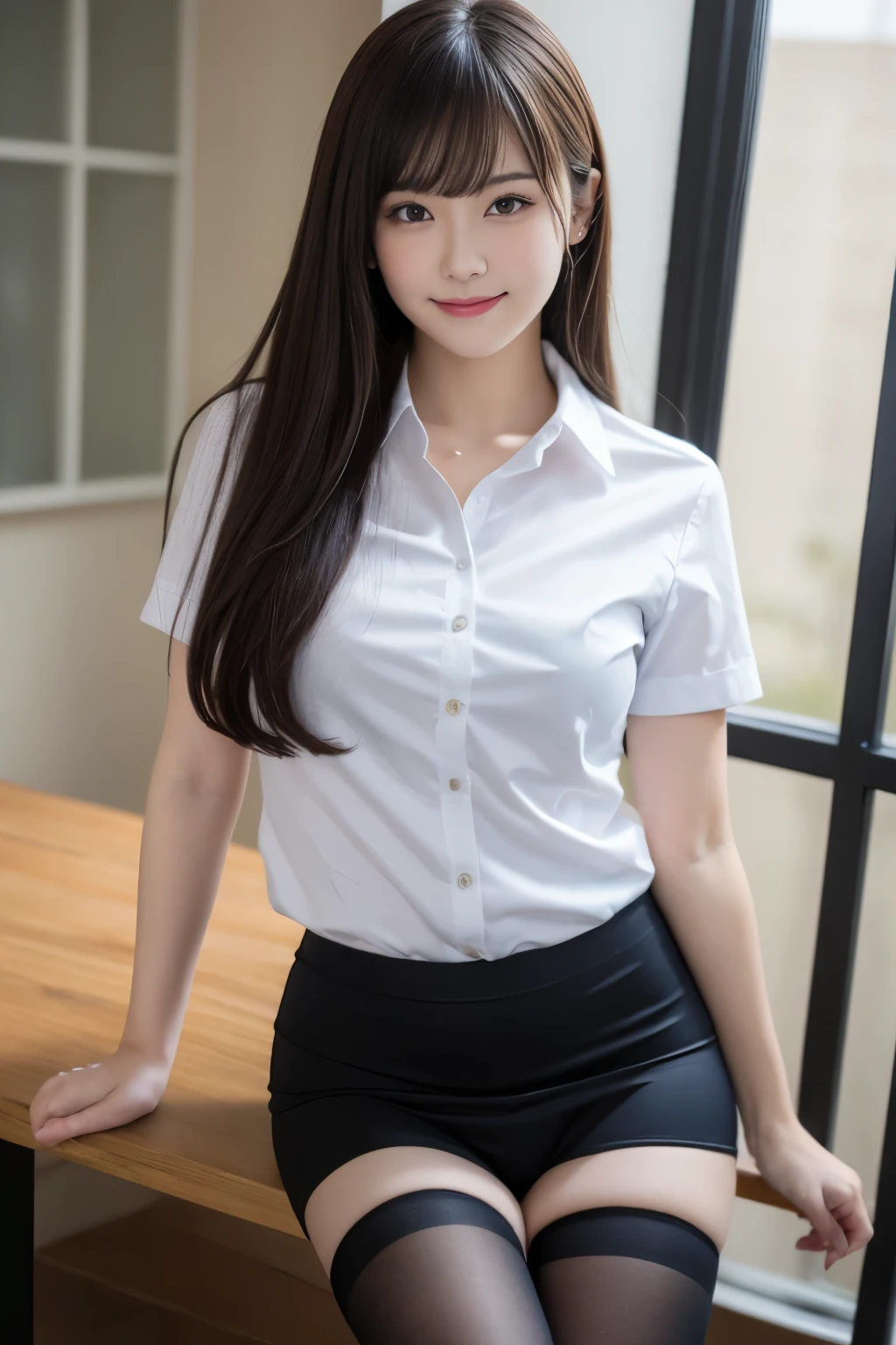 table top, highest quality, figure, super detailed, finely, High resolution, 8k wallpaper, 完璧なダイナミックな構figure, beautiful and fine eyes, business suit,natural color lip, smile、18 year old girl,Wearing black tights and stockings、plump thighs、shortcut