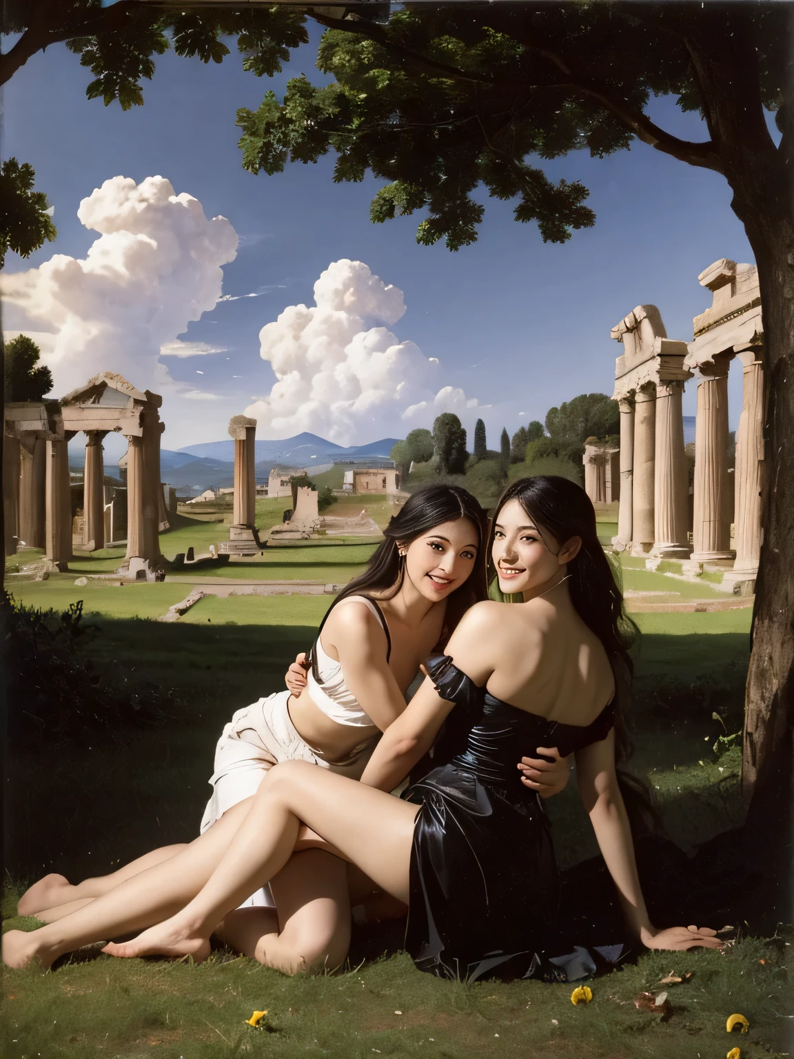 full body portrait,ancient roman ruins,Poussin-style landscape,laughter,,Sweet and seductive appearance.、Caravaggio's paintings、Chiaroscuro of Caravaggio、hair tousled by the wind,Two women frolicking,cute smile, expression of ecstasy,Sexy,erotic