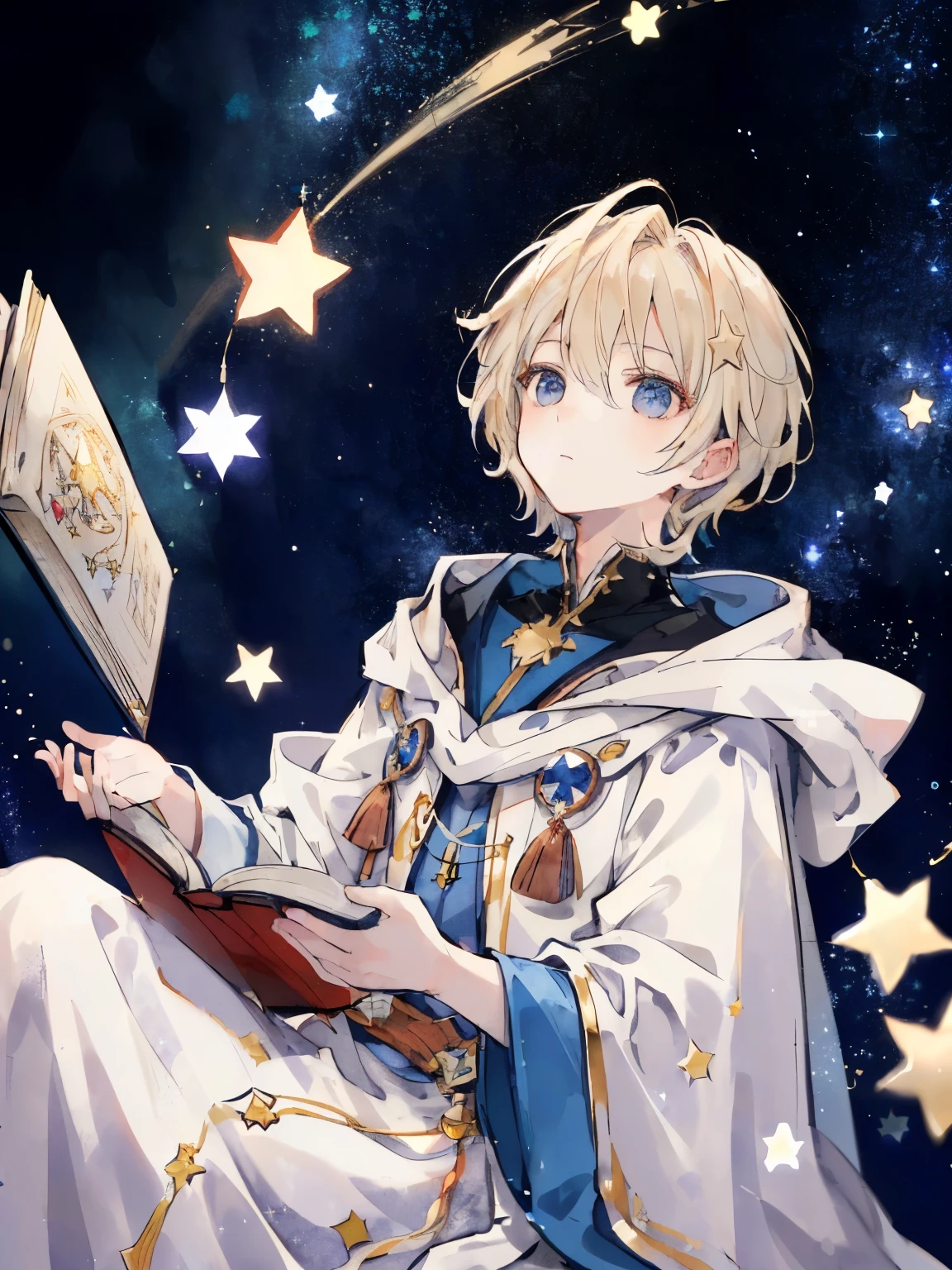 boy,(asymmetric hairstyle:1.3),(blonde:1.2),(Hair cut only on the left side:1.4),((wizard&#39;s robe:1.2)),((opening a magic book)),(background with twinkling stars:1.35),waving in the wind,(looking up at the sky:1.5),((close up of face:1.2)),((Super high quality:1.5)),