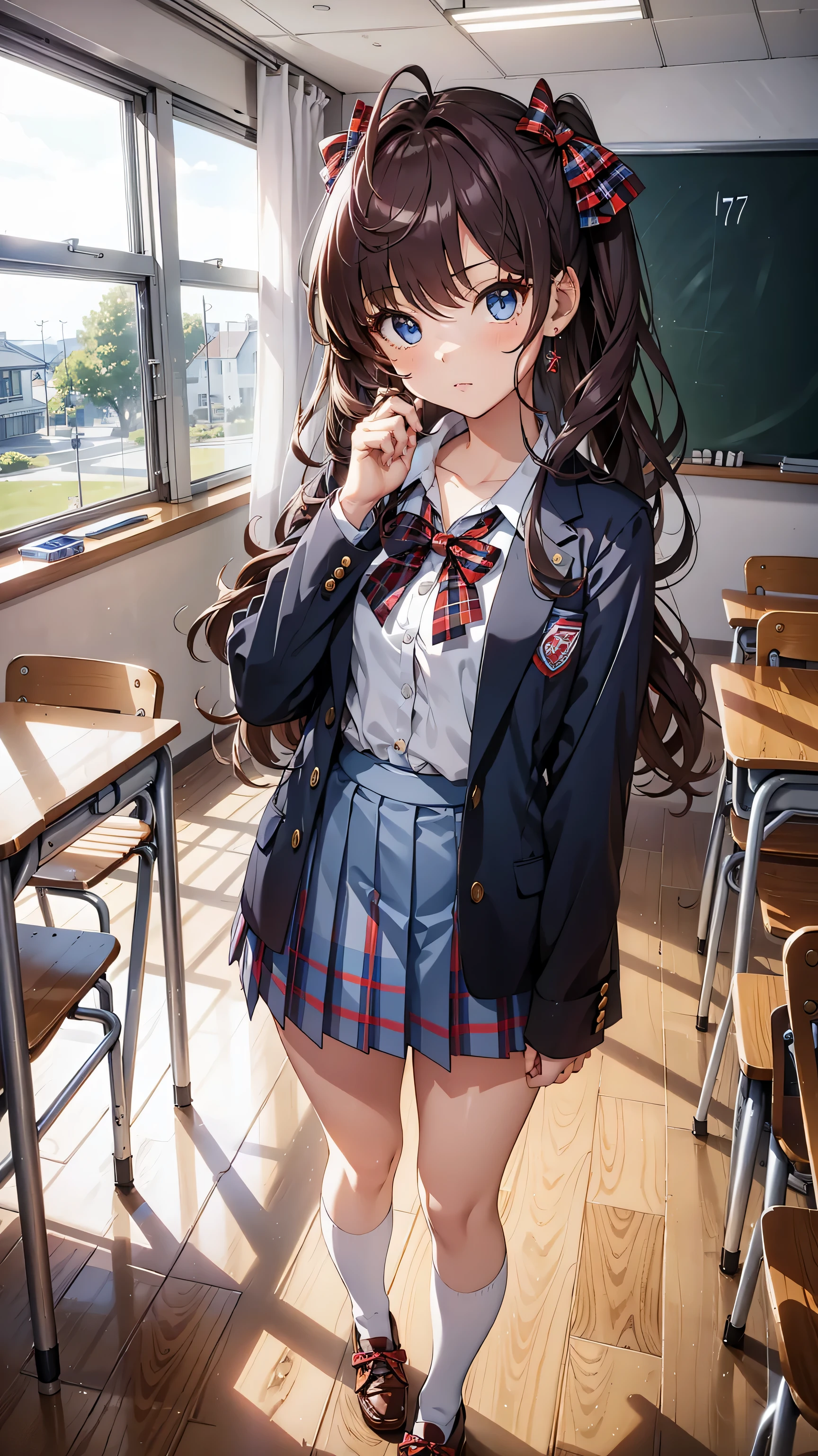 obra maestra, Mejor calidad, high resolution, Ichinose Shiki, idol master, pelo largo, dos lados hacia arriba, Lazo para el pelo, ahogo, pechos medianos, pendientes, uniforme escolar marinero, fondo de paisaje escolar, aula (Please draw a single una chica Caminando in a aula school :1.3) ((1 chica)), (Solo, rostro,17-year-old:2.0), un estudiante de secundaria. Extremidades completas, dedos completos, ((Dedos perfectos)), trasero mediano, ingle, ojos perfectos, American jacket Japanese uniform girl ((blusa blanca con cuello formal, Blazer azul, falda a cuadros azul, lazo a cuadros rojos en la blusa)) (Detailed lighting), (antecedentes detallados), (en la zona escolar), ((vista de cuerpo completo)), ((de pie)), ((piernas)), zapatos uwabaki. hermosa chica soltera (una chica), Toma de cuerpo completo. El fondo es la escuela., cuerpo delantero ((Caminando, de pie)). pretty eyelashes, constituir, ojos electricos, ((zapatos perfectos))
