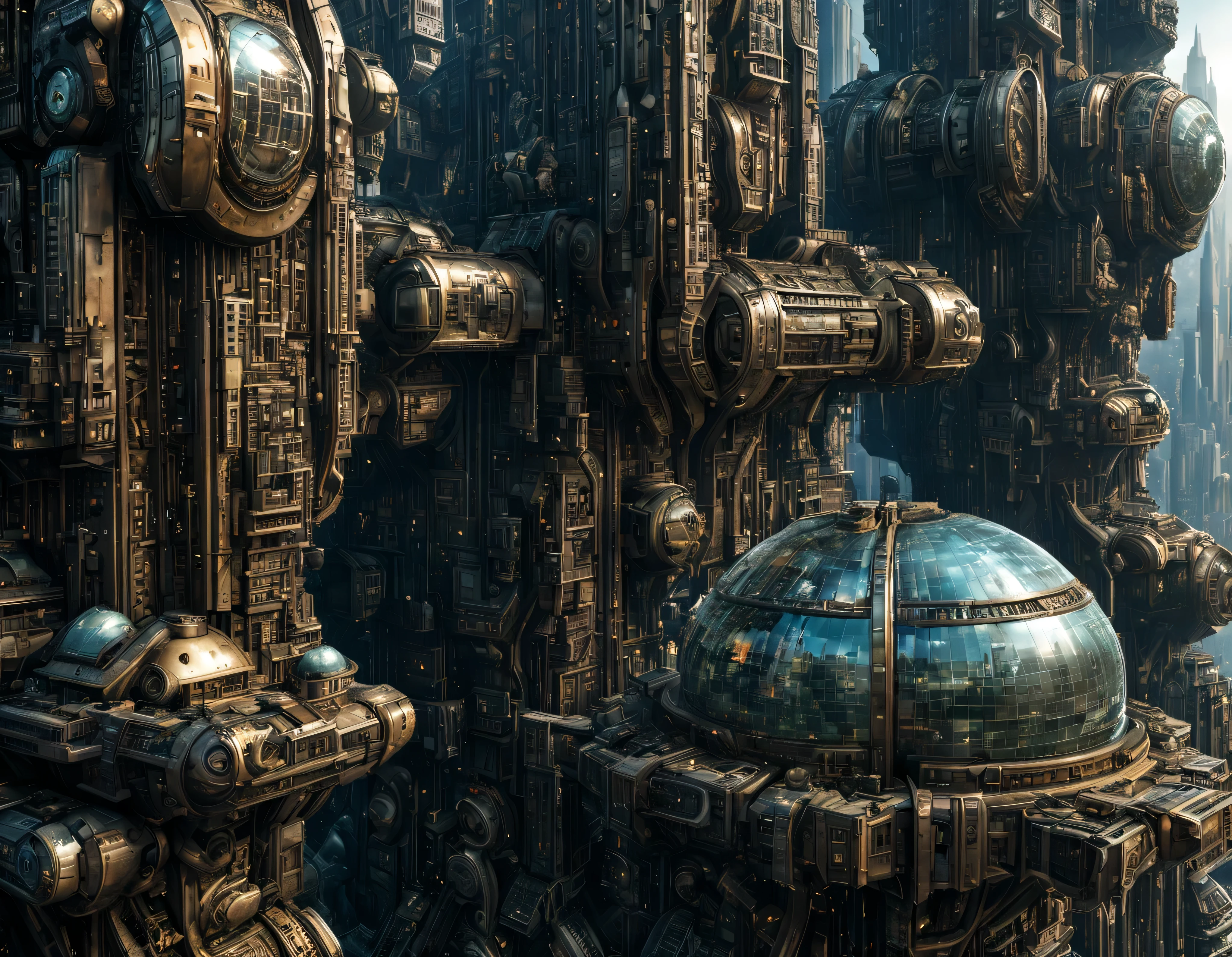 megacity, megalopolis of an imaginary world of science fiction and maximum fantasy, con inmensos edificios ovalados agrupados de metal y cristal donde predomina el bronce. imagen bien definida 8k, (intrincados detalles de la maquina), con muchos edificios juntos.(obra maestra de superior calidad).(imagen fotorrealista), nitidez absoluta hasta el fondo.