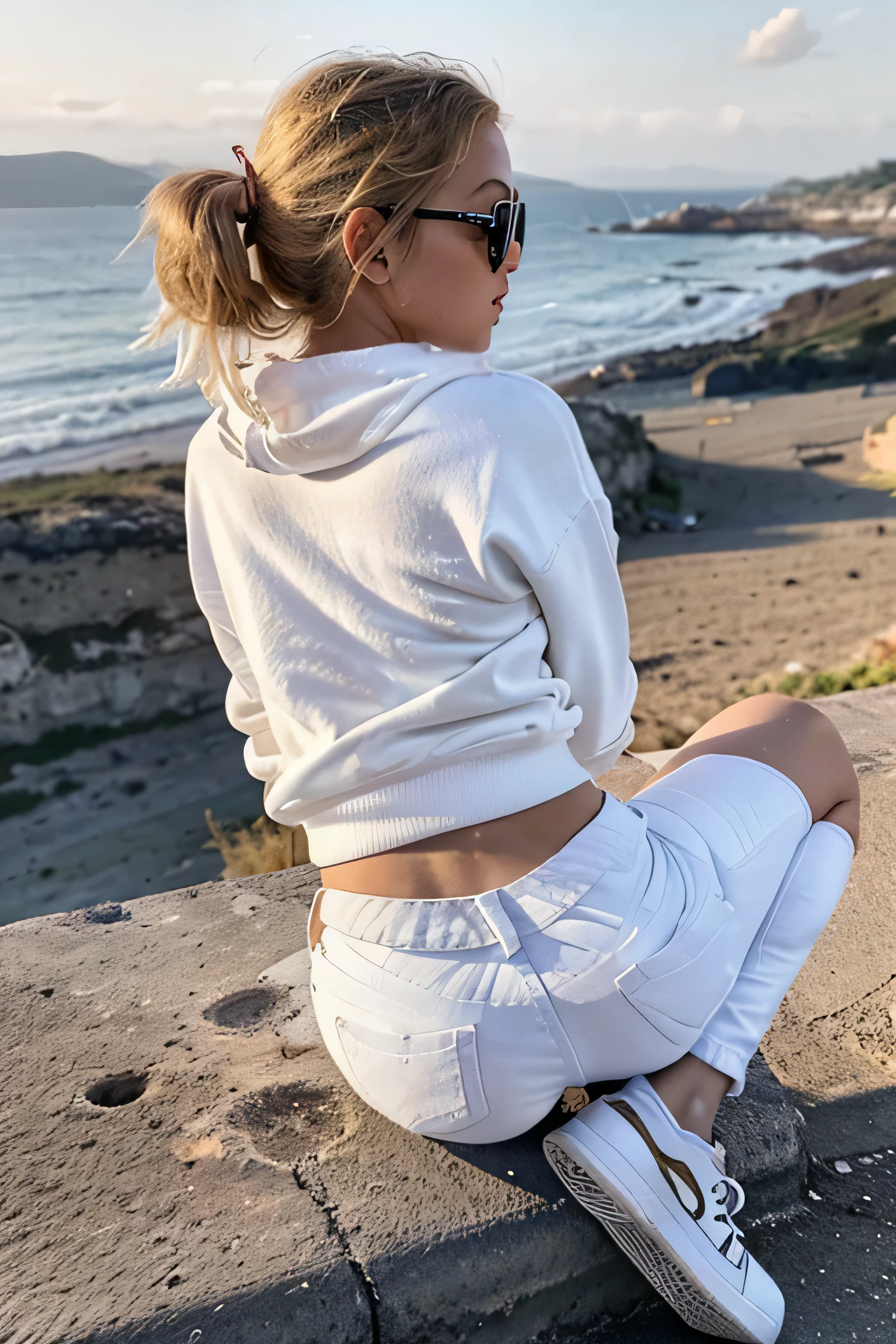 As the sun sets over the Bosfor Βόσπορος, Distance from view, angle view, blonde hair, Back view, very close to the seashore, A young ((Stylish happy girl age 18 year wearing boyfriend jeans)) with sunglasses ((white sneakers bright)) ((white sweatshirt)) ((white jeans)) It is felt through her eyes and her provocative movements that she is very eager for sex, Her silhouette is outlined against the vibrant sky. ((sexy doggy-style position))