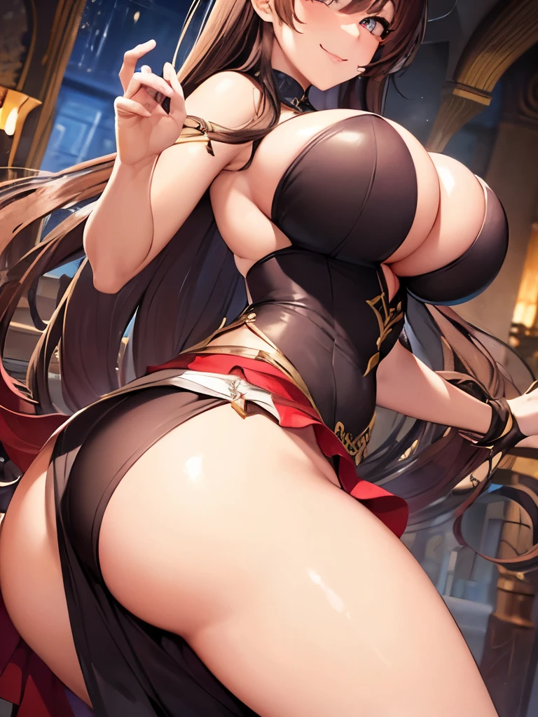((masterpiece)), ((highest quality)), (super detailed), mature woman , ((beautiful eyes)),(((winding))), (huge breasts), huge ass,cleavage cutout, side boob,Very short pleated mini skirt, chest focus, look down, look down at viewer , smug with a seductive smile, (lure)