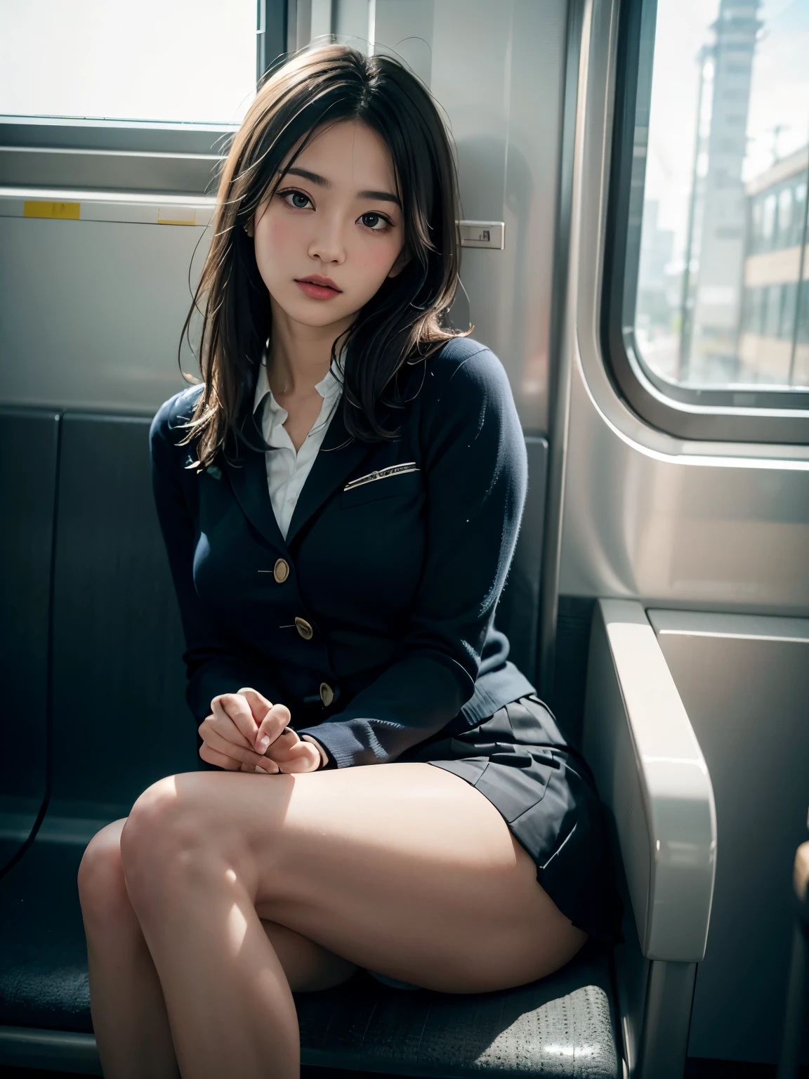 "(masterpiece, High resolution, Ultra High resolution, 4K) black hair, Japan girl , uniform skirt, emphasizing thighs, white thighs, soft thighs, Gorgeous thighs, Sitting on the train, face to face angle, (angle from below),sitting on a train seat,sitting in front,Crotch zoom camera,Put your feet on the train floor,whole body,Sleepy looking down,only looking at the viewer", highest quality, 超High resolution, (realistic:1.4),, High resolution, detailed, RAW photo, Shapuri, Nikon D850 Film Stock Photo by Lee Jefferies 4 Kodak Portra 400 Camera F1.6 lens rich colors hyper realistic lively textures dramatic lighting unreal engine artstation trends cinestir 800,