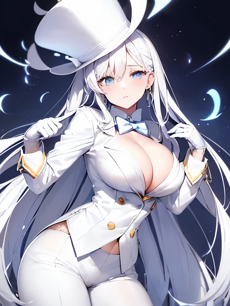 ((White leather gloves,white tuxedo,blue blouse,white tie,white slacks,white top hat)),length_金hair_hair,beautiful_hair,yellow_eye,beautiful_eye,1_beautiful_girl,cute_face,beautiful_face,beautiful,Highest_quality,good_anatomist