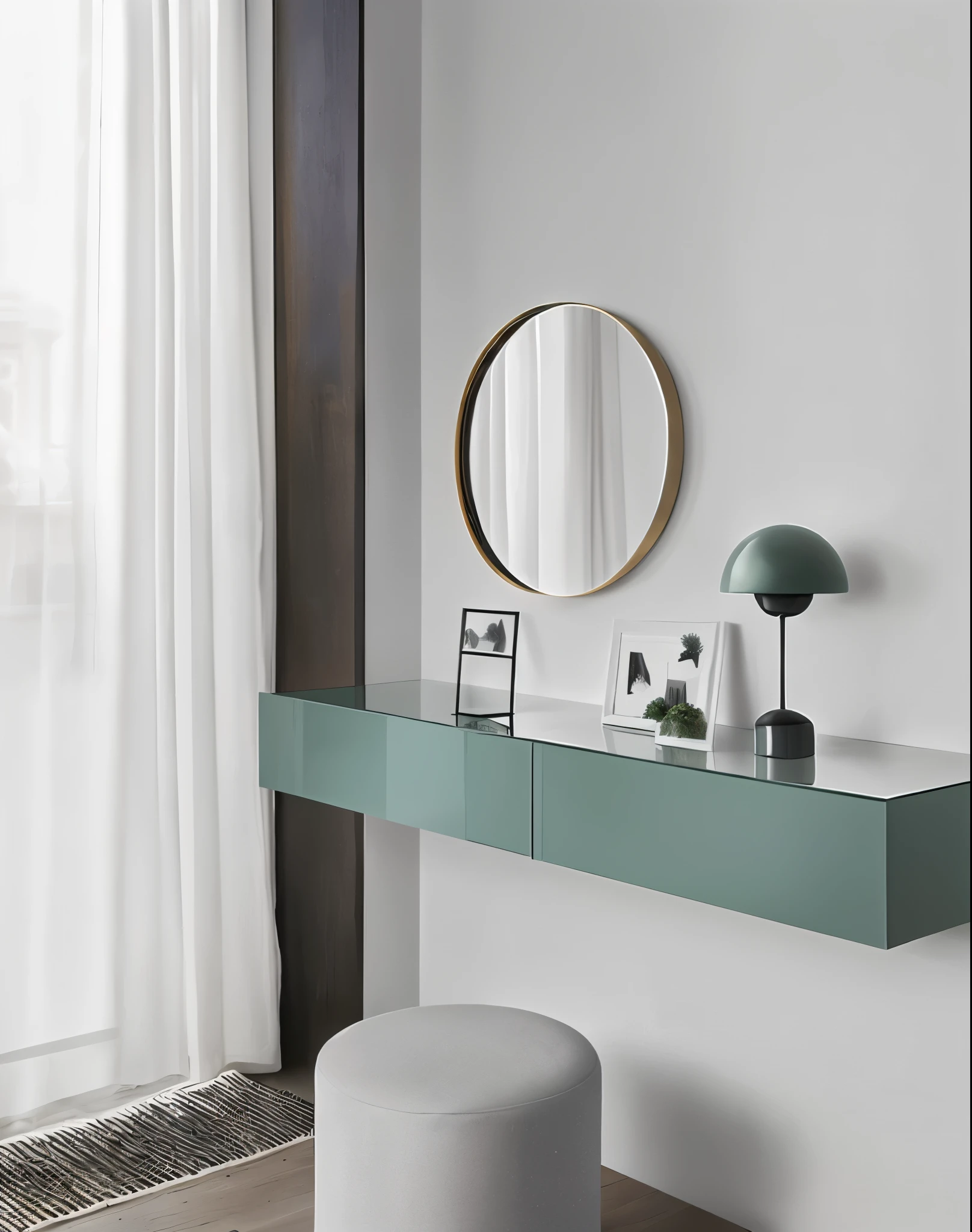 There are mirrors and stools in the room, Soft colors and minimalism, round mirror on wall, EUR, author：Jürgen von Hunderberg, inspired by Viktor de Jeney, elegant minimalism, Simple and beautiful, Exquisite and smooth details, Low details and clean lines, by Anita Malfati, Very simple, Mirror and glass surfaces