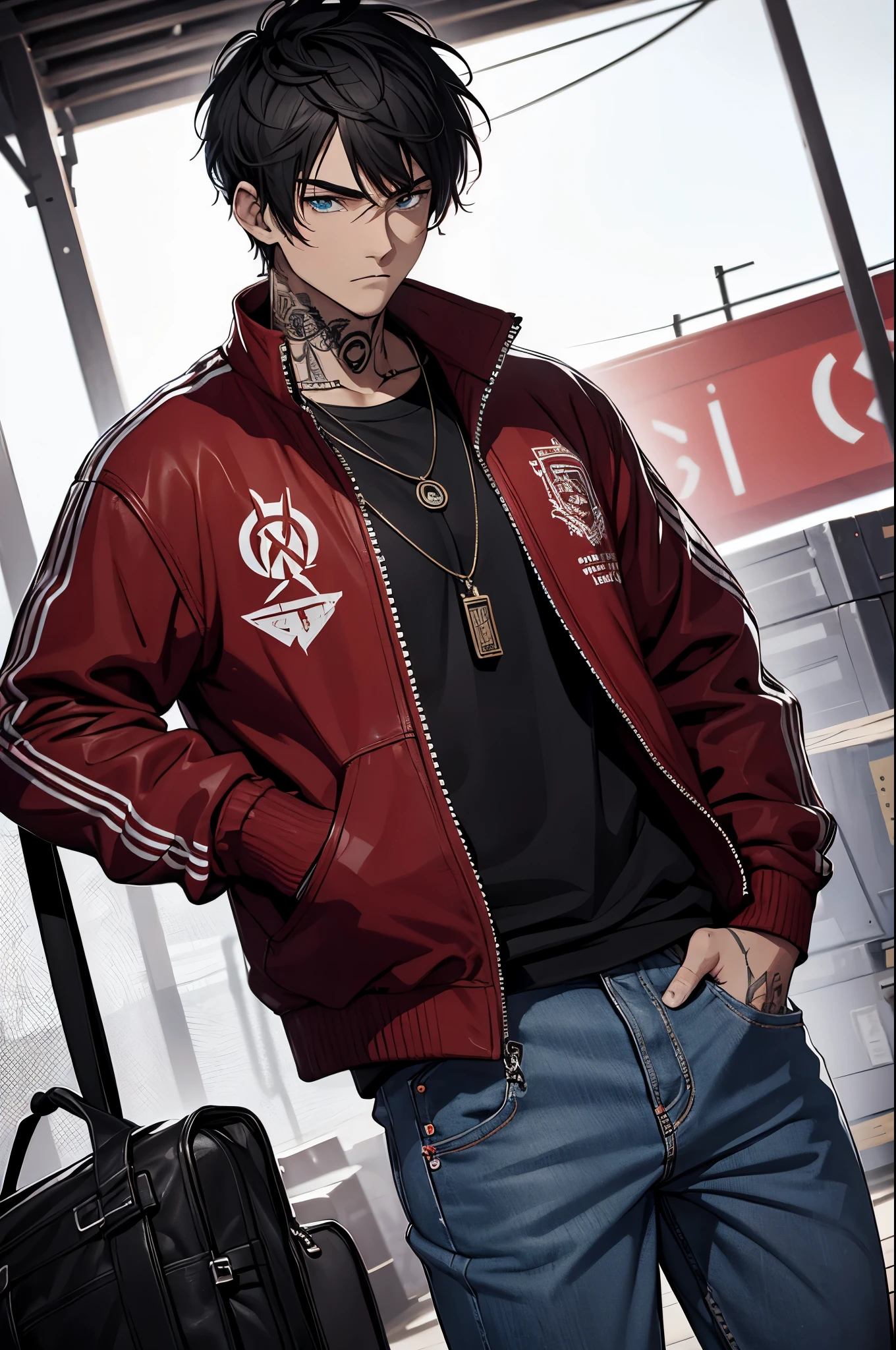 young guy, he prefers to wear casual clothes, in which shades of red predominate - be it a red T-shirt, jacket or jeans. The bright colors in his outfit highlight his energy and character.. Numerous tattoos of various themes are visible on his body - from abstract patterns to symbols of strength and rebellion.. He carries a metal baseball bat in his hands., which is its integral attribute and symbol of protection. short black hair. A pendant or chain can hang around your neck, complementing his youthful and stylish image.