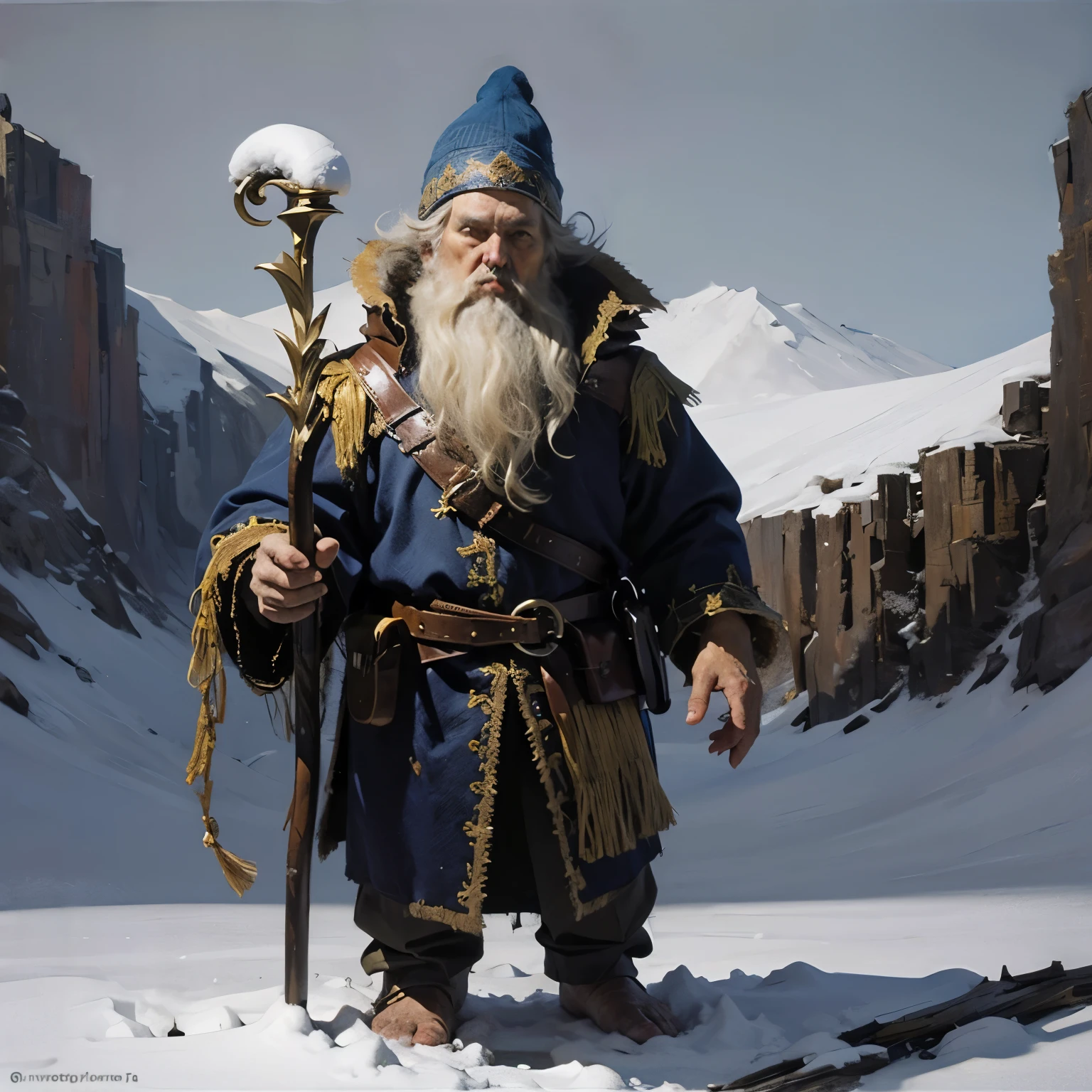 8k, photo of the most beautiful artwork, Forground: a fantasy gnome male with a beard standing barefoot in snow holding a wooden Staff, he is wearing a coat with a belt at the waist, pouches, wizard hat. Background: A winter forest environment,ground covered by snow. Render the scene: Vibrant colors, sharp focus, (highly detailed:1.4), oil painting, ambient Light.