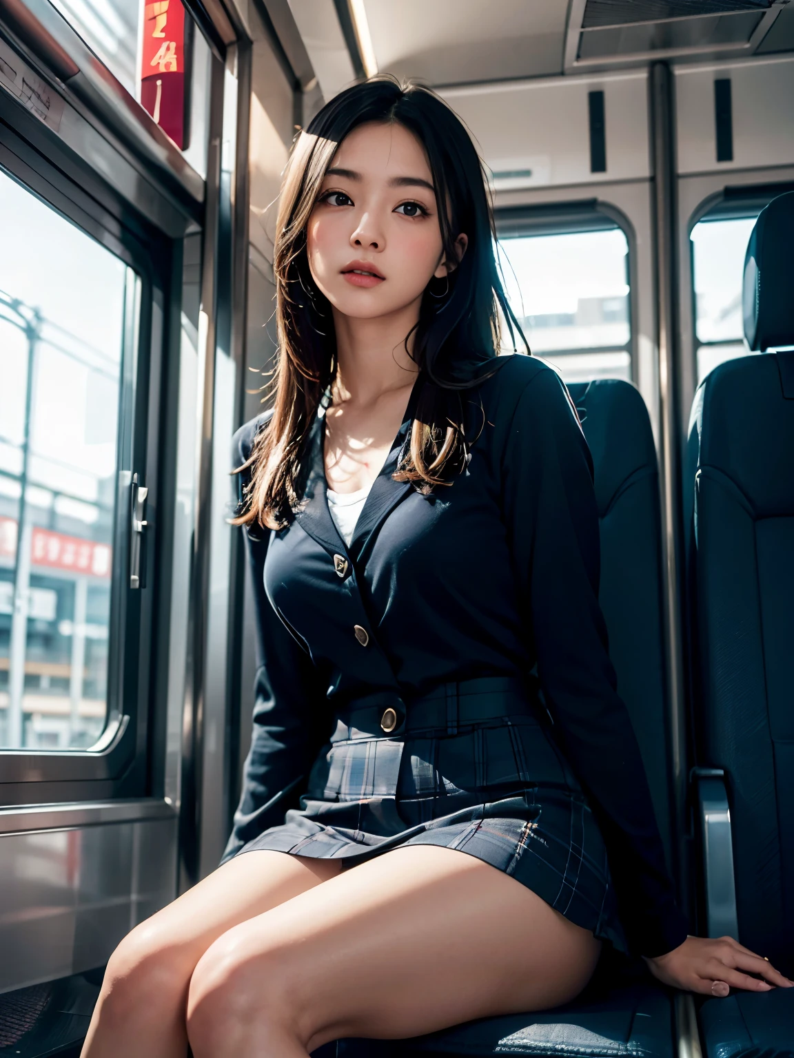 "(masterpiece, High resolution, Ultra High resolution, 4K) black hair, Japan girl at ************, uniform skirt, emphasizing thighs, white thighs, soft thighs, Gorgeous thighs, Sitting on the train, face to face angle, (angle from below),sitting on a train seat,sitting in front,Crotch zoom camera,Put your feet on the train floor,whole body,Sleepy looking down,only looking at the viewer", highest quality, 超High resolution, (realistic:1.4),, High resolution, detailed, RAW photo, Shapuri, Nikon D850 Film Stock Photo by Lee Jefferies 4 Kodak Portra 400 Camera F1.6 lens rich colors hyper realistic lively textures dramatic lighting unreal engine artstation trends cinestir 800,