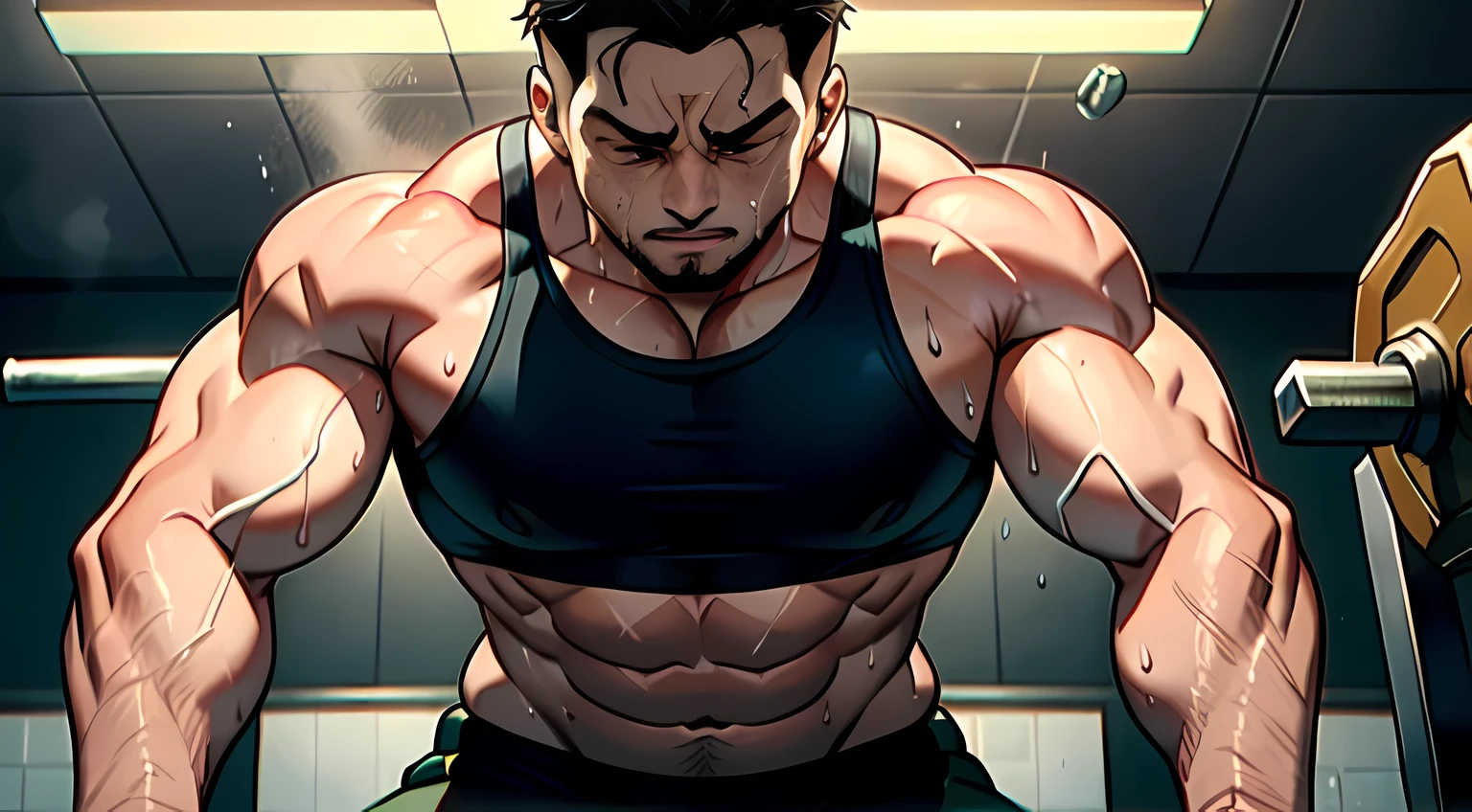 A man lifting weights in the gym, focus on his intense concentration and effort, with sweat dripping down his face. The scene captures the gritty reality of self-improvement and the determination to enhance physical fitness. The gym environment is filled with various exercise equipment, highlighting the dedication to sculpting a physique. The warm anime-like art style emphasizes the dynamic action and the emotional intensity of the moment. Colors should be rich and warm, enhancing the atmosphere of hard work and determination. The artwork should be detailed, showing the texture of the sweat and the muscles' strain, in a professional and engaging manner.