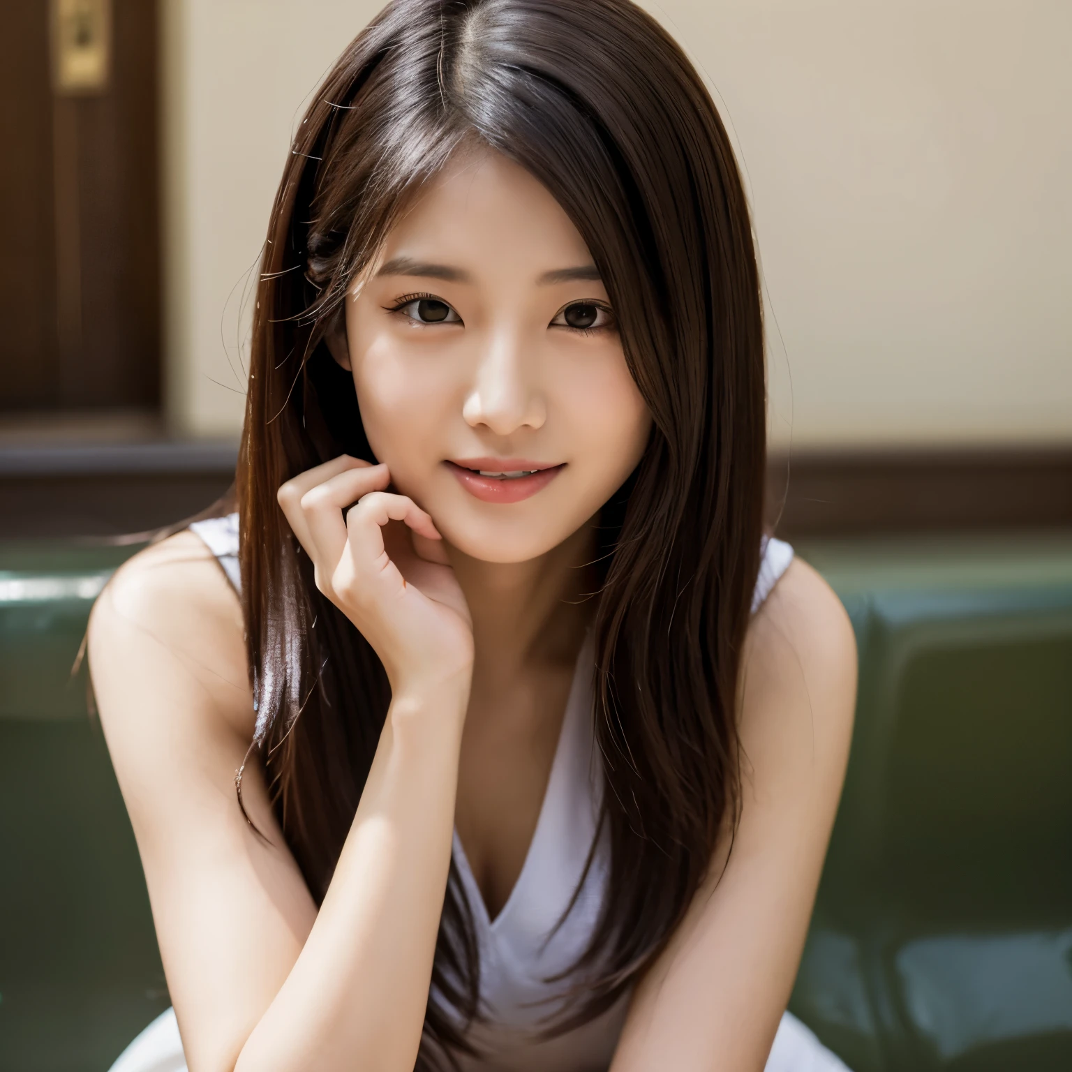 best quality ,masterpiece, illustration, an extremely delicate and beautiful, extremely detailed ,CG ,unity ,8k wallpaper, Amazing, finely detail, masterpiece,best quality,extremely detailed CG unity 8k wallpaper, huge filesize , ultra-detailed, highres, extremely detailed,beautiful detailed girl, extremely detailed eyes and face, beautiful detailed eyes,light on face,1girl, aespakarina, (ultra-detailed), (best illustration), (best shadow), ultra-high res, (realistic, photo-realistic:1.2),realistic face proportions,, slender, smile, (makeup:0.4), (full body, sitting), ((puffy eyes)), looking at viewer, (bokeh:1.4),