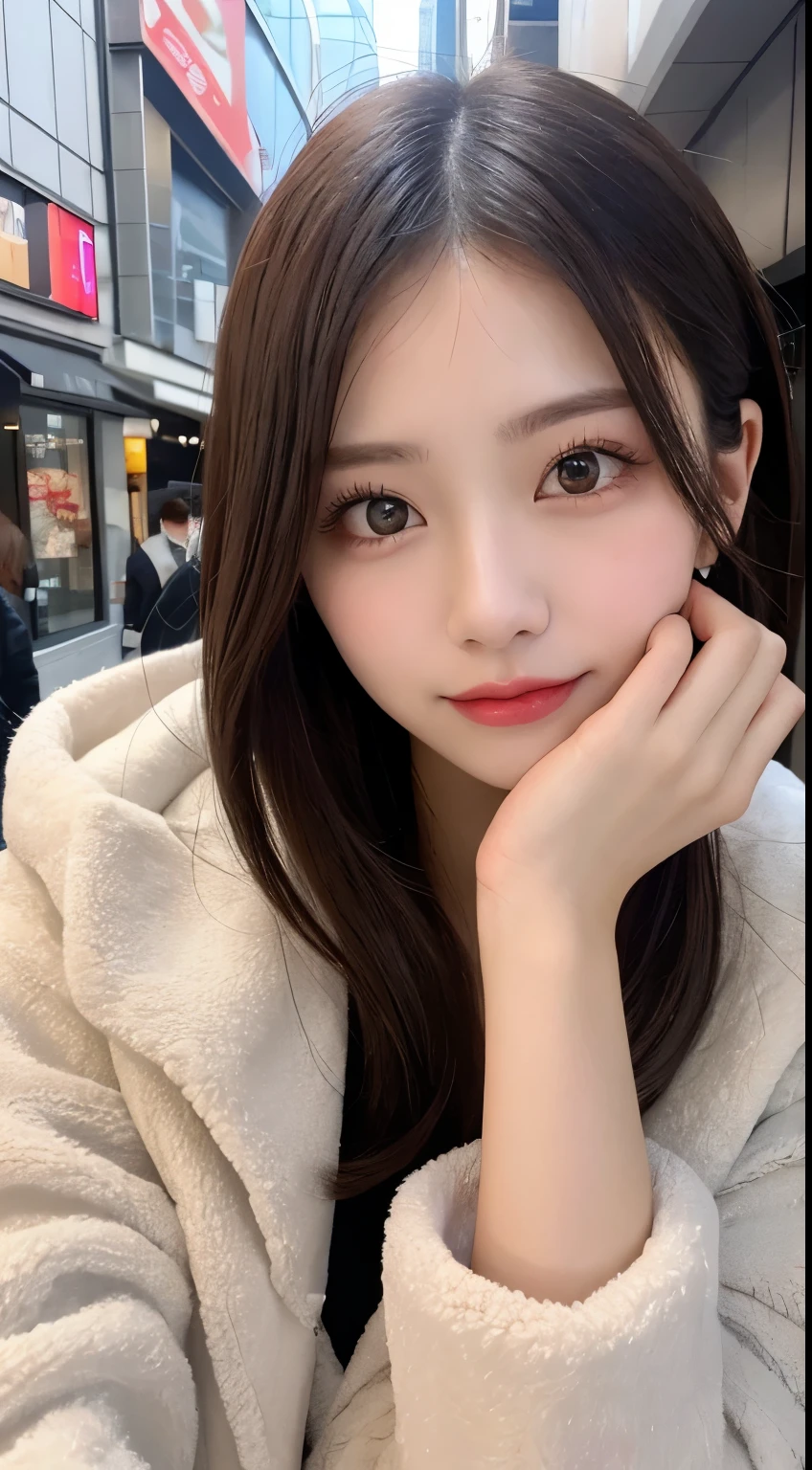 table top, highest quality, shape, Super detailed, finely, High resolution, 8k wallpaper, 完璧なダイナミックな構shape, beautiful and detailed eyes, Gorgeous and stylish black fluffy latest trend Tokyo winter clothes,ランダムなcute髪,small breasts,natural color lip, bold sexy pose,smile、20 year old girl、cute、sexy shot looking at camera,Always blur the background,perfect and beautiful face,Take only the face,beautiful and detailed face、slim face and style,Big eyes、Do gal makeup,real photos、luxury brand mink coat、Take a full body photo
