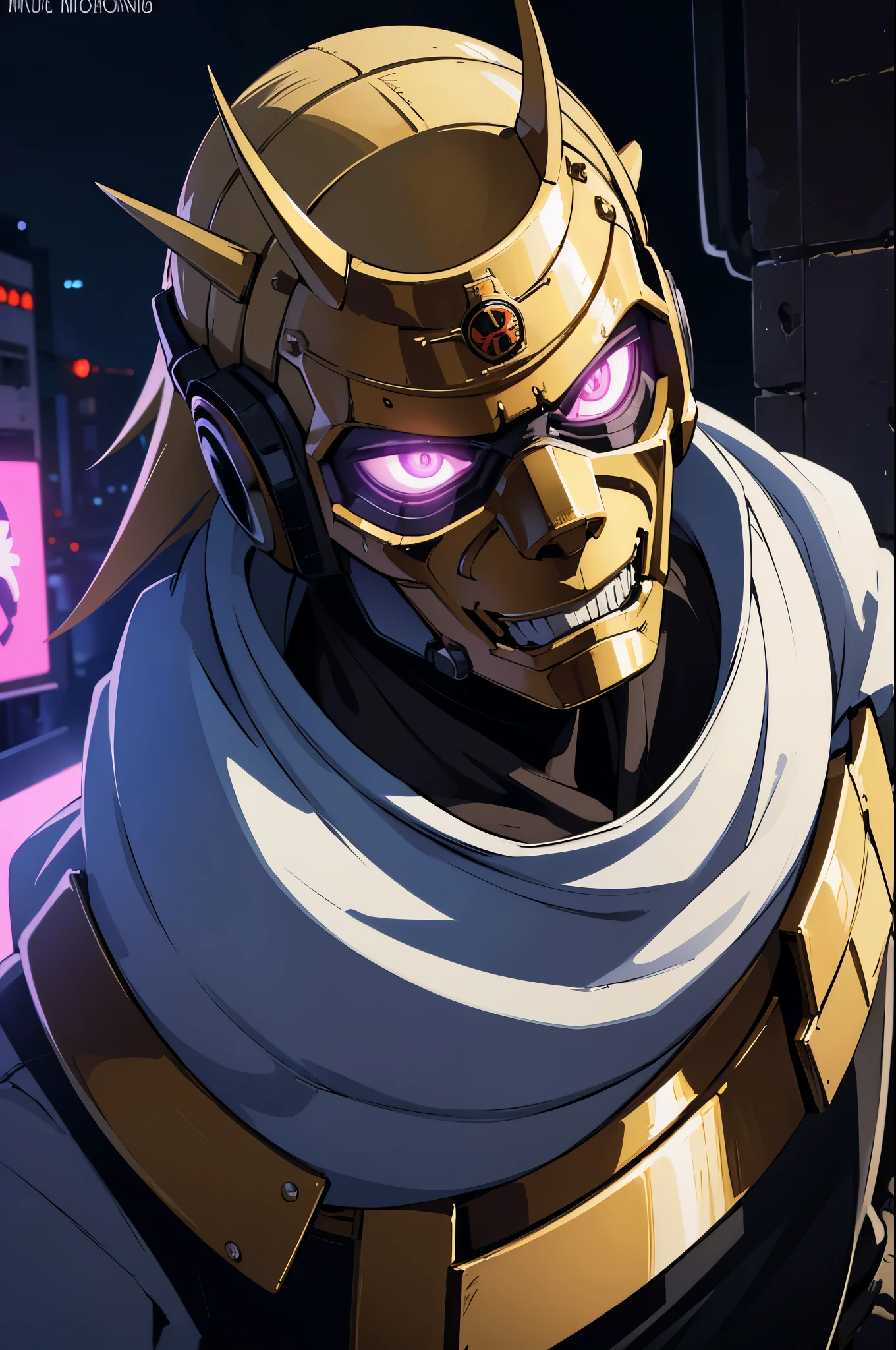 (urban samurai Wearing a Demon Mask:1.35),full body, (Armed with a long and large Japanese sword),facing front,(gold and white cyberpunk military cloth armor:1.5),(cyberpunk Tokyo city background)
(best quality,4k,8k,highres,masterpiece:1.2),ultra-detailed,(realistic,photorealistic,photo-realistic:1.37),HDR,UHD,studio lighting,ultra-fine painting,sharp focus,physically-based rendering,extreme detail description,professional,vivid colors,bokeh,
portraits,landscape,horror,anime,sci-fi,photography,concept artists,
(vibrant colors and contrast), (dramatic lighting:1.1),(neon lights and glowing signs),(mysterious and captivating atmosphere)