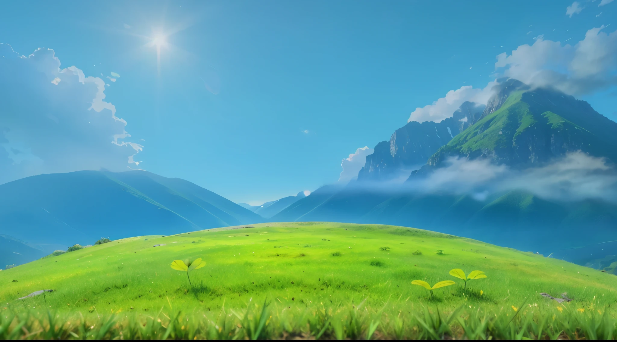 Digital painting close-up of a grassy hill with two small plants, a bright sun in the sky and mountains in the background. Digital art, detailed digital art, reflective, best quality, 4k, masterpiece:1.2, ultra-detailed, realistic, vivid colors, dark and moody lighting, The image of the highest quality, ensuring every detail showcased perfectly. It in 4k resolution, allowing viewers to immerse themselves in the richness of the colors and intricate details. The realistic rendering. under the spotlight, reflecting, high-resolution image, realistic rendering, dark background, and rim light