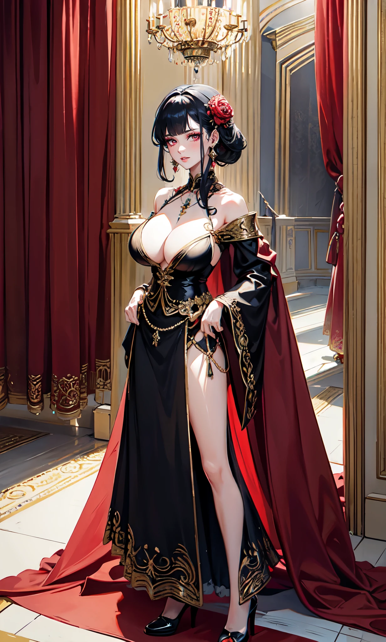 Court background,Red curtain,(dark bluecolor curly short hair:2.0),british palace bun,Standing close-up,dream world,Royal sister,(Elongated danphoenix eyes,eye shadow,long eyelashes),Elongated danphoenix eyes,eye shadow,Contact lenses,Jade necklace,(Off the shouldersBaroque skirt,Off the shoulders,Widen hem,Shredded flower cloth:2.0),(big breast)ballroom background,(soft light and shadow:1.9),Intricate body jewelry,High heeled dancing shoes,Detailedly drawn backgrounds