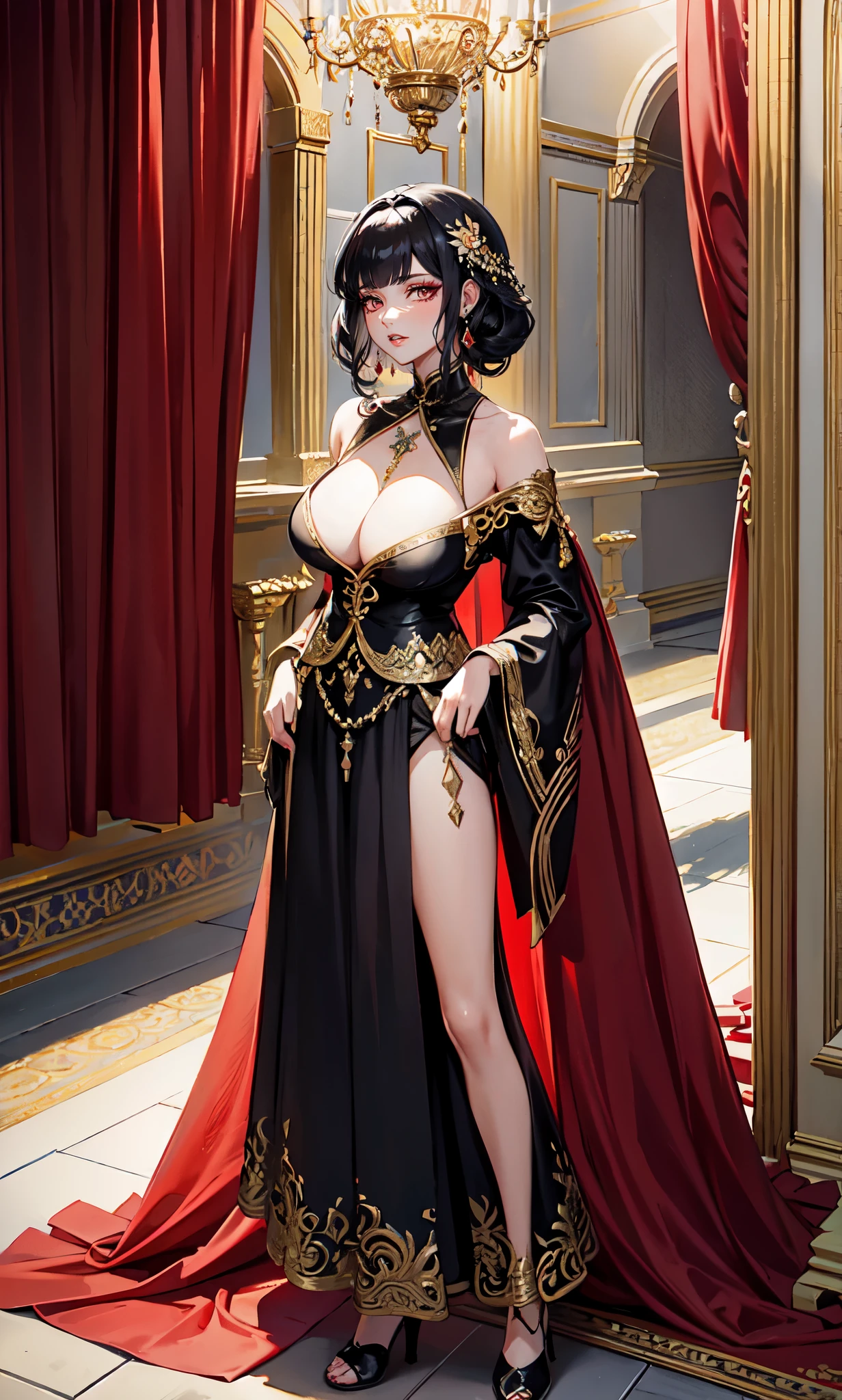 Court background,Red curtain,(dark bluecolor curly short hair:2.0),british palace bun,Standing close-up,dream world,Royal sister,(Elongated danphoenix eyes,eye shadow,long eyelashes),Elongated danphoenix eyes,eye shadow,Contact lenses,Jade necklace,(Off the shouldersBaroque skirt,Off the shoulders,Widen hem,Shredded flower cloth:2.0),(big breast)ballroom background,(soft light and shadow:1.9),Intricate body jewelry,High heeled dancing shoes,Detailedly drawn backgrounds