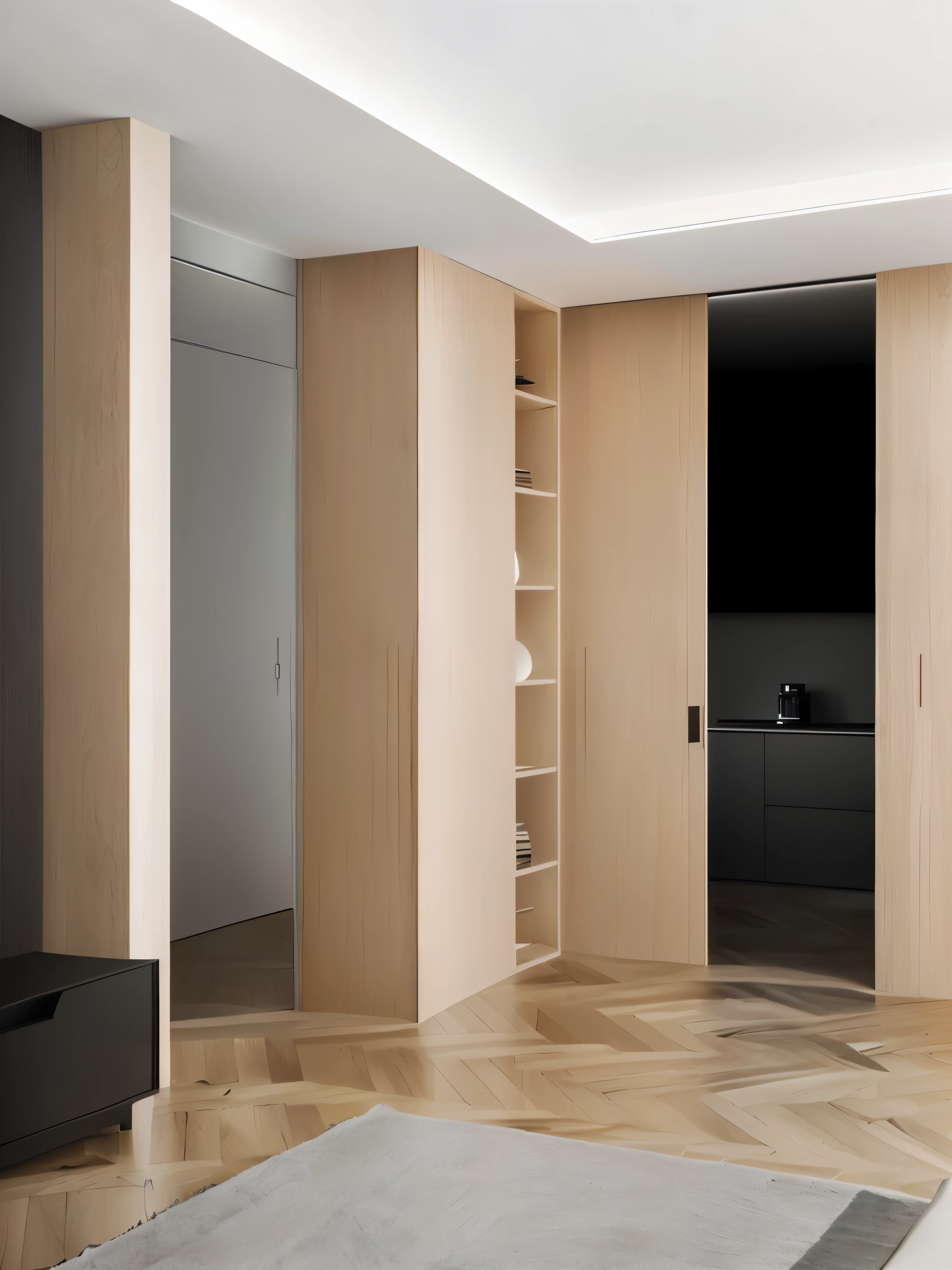 There is a room with a bed, a television, and a cabinet, present in corona, detailed architectural visualization render, elegant wardrobe, cupboard, Inspired by David Chipperfield, Rendered in Unreal Engine 6, Apartment with black walls, minimal kitchen, cupboard, EUR, Award-winning rendering, architectural visualization, minimally modern, Bardeen rendering