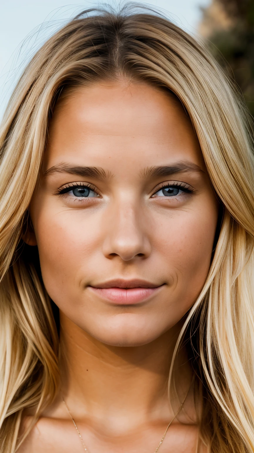 (une-1-personne:1.2), Belle blonde, Tanned, type californienne, face, hyper-detailed photography, head and shoulders portrait, yeux marrons