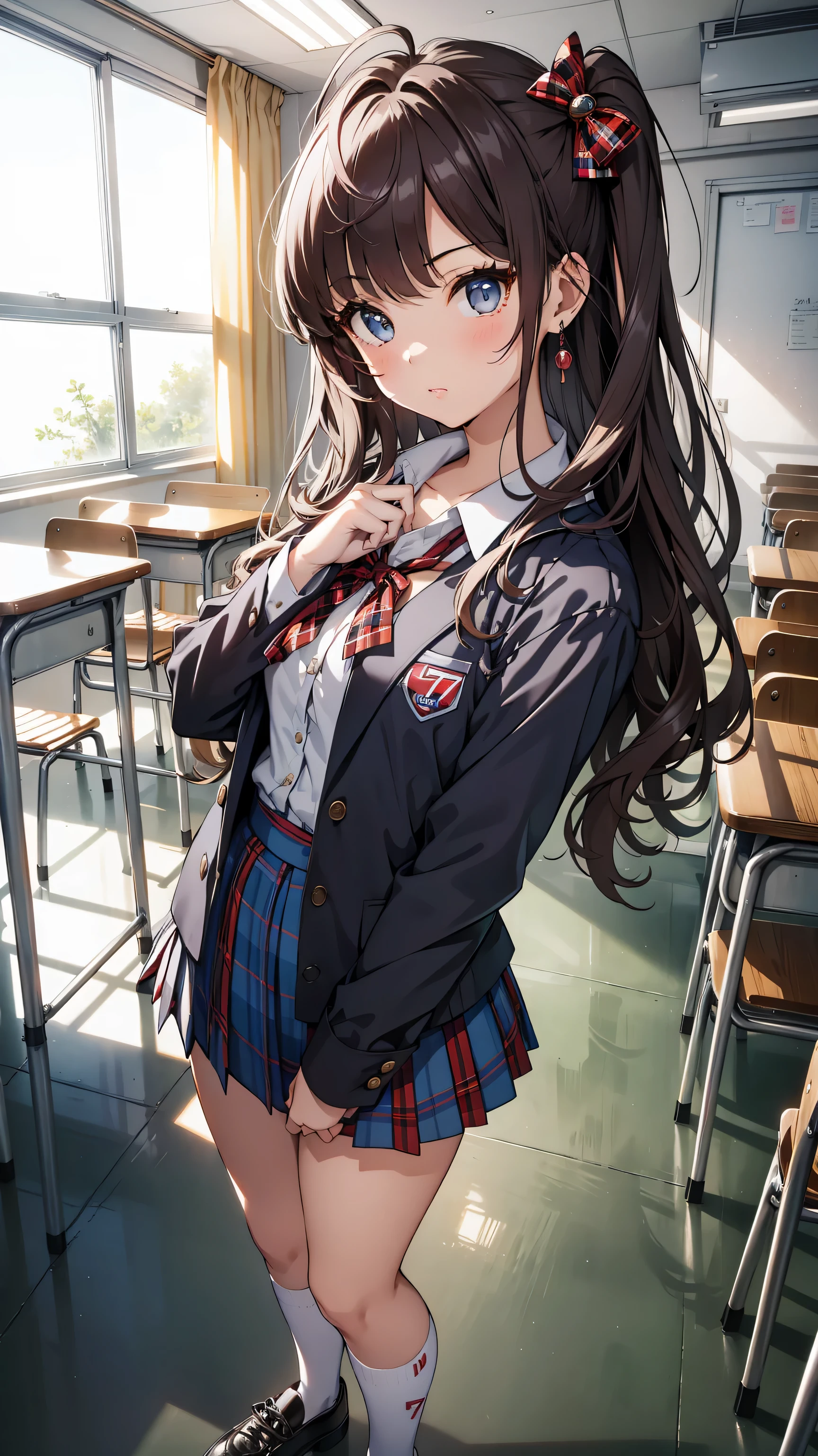 obra maestra, Mejor calidad, high resolution, Ichinose Shiki, idol master, pelo largo, dos lados hacia arriba, Lazo para el pelo, ahogo, pechos medianos, pendientes, uniforme escolar marinero, fondo de paisaje escolar, aula (Please draw a single una chica Caminando in a aula school :1.3) ((1 chica)), (Solo, rostro,-yeld:2. un estudiante de secundaria. Extremidades completas, dedos completos, ((Dedos perfectos)), trasero mediano, ingle, ojos perfectos, American jacket Japanese uniform girl ((blusa blanca con cuello formal, Blazer azul, falda a cuadros azul, lazo a cuadros rojos en la blusa)) (Detailed lighting), (antecedentes detallados), (en la zona escolar), ((vista de cuerpo completo)), ((de pie)), ((piernas)), zapatos uwabaki. hermosa chica soltera (una chica), Toma de cuerpo completo. El fondo es la escuela., cuerpo delantero ((Caminando, de pie)). pretty eyelashes, constituir, ojos electricos, ((zapatos perfectos))
