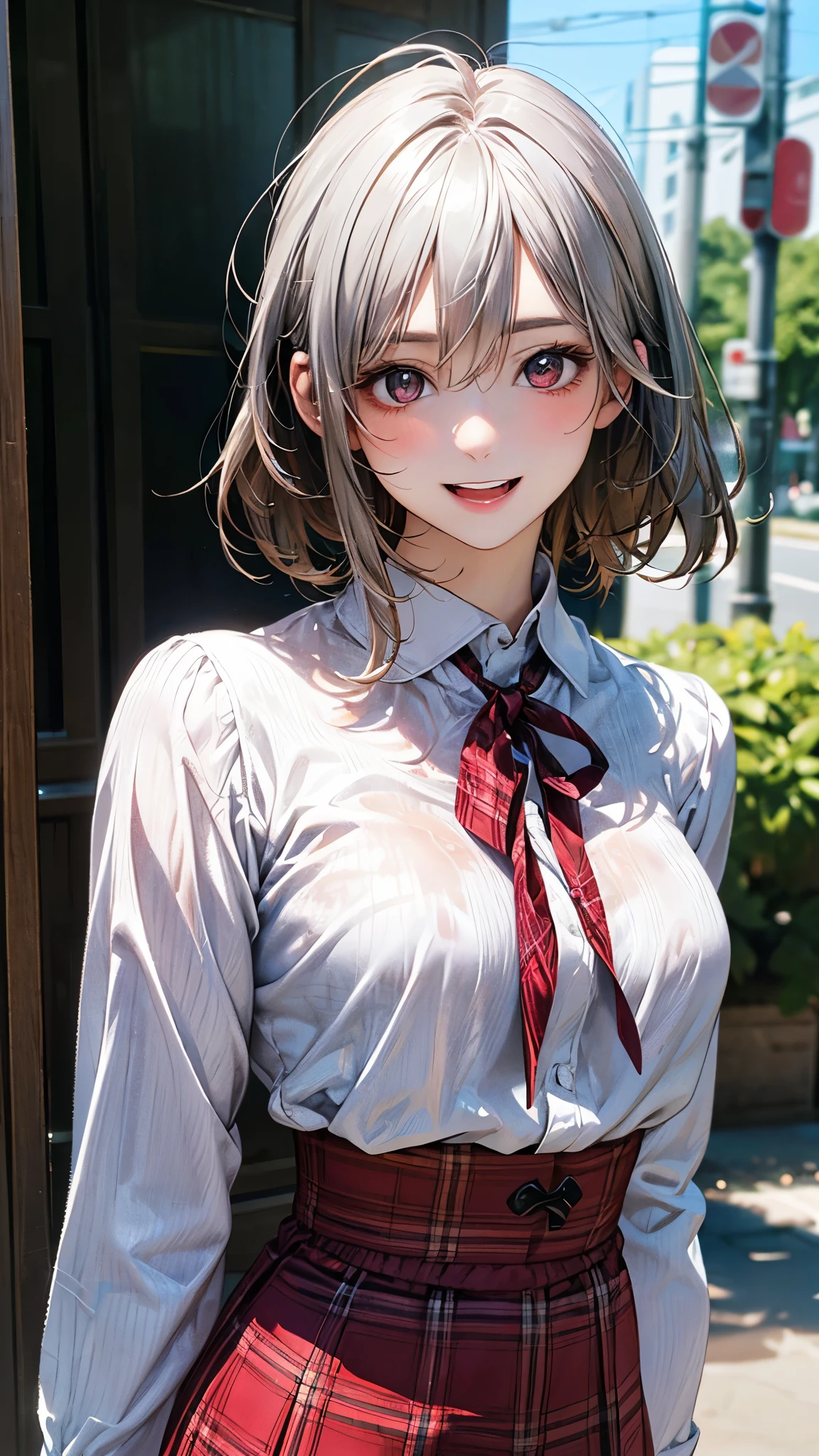 (masterpiece:1.2, top-quality), (realistic, photorealistic:1.4), beautiful illustration, (natural side lighting, movie lighting), nsfw,
looking at viewer, face focus, upper body, 1 girl, japanese, high school girl, perfect face, cute and symmetrical face, shiny skin,
(short hair:1.2, messy hair:1.2, silver hair), hair between eyes, red eyes, slant eyes, long eye lasher, (medium breasts), slender,
beautiful hair, beautiful face, beautiful detailed eyes, beautiful clavicle, beautiful body, beautiful chest, beautiful thigh, beautiful legs, beautiful fingers,
((detailed cloth texture, long sleeves white v-neck blouse, red plaid high waist skirt), dark red neck ribbon),
(beautiful scenery), summer, evening, (outdoors), walking, (lovely smile, open mouth),
