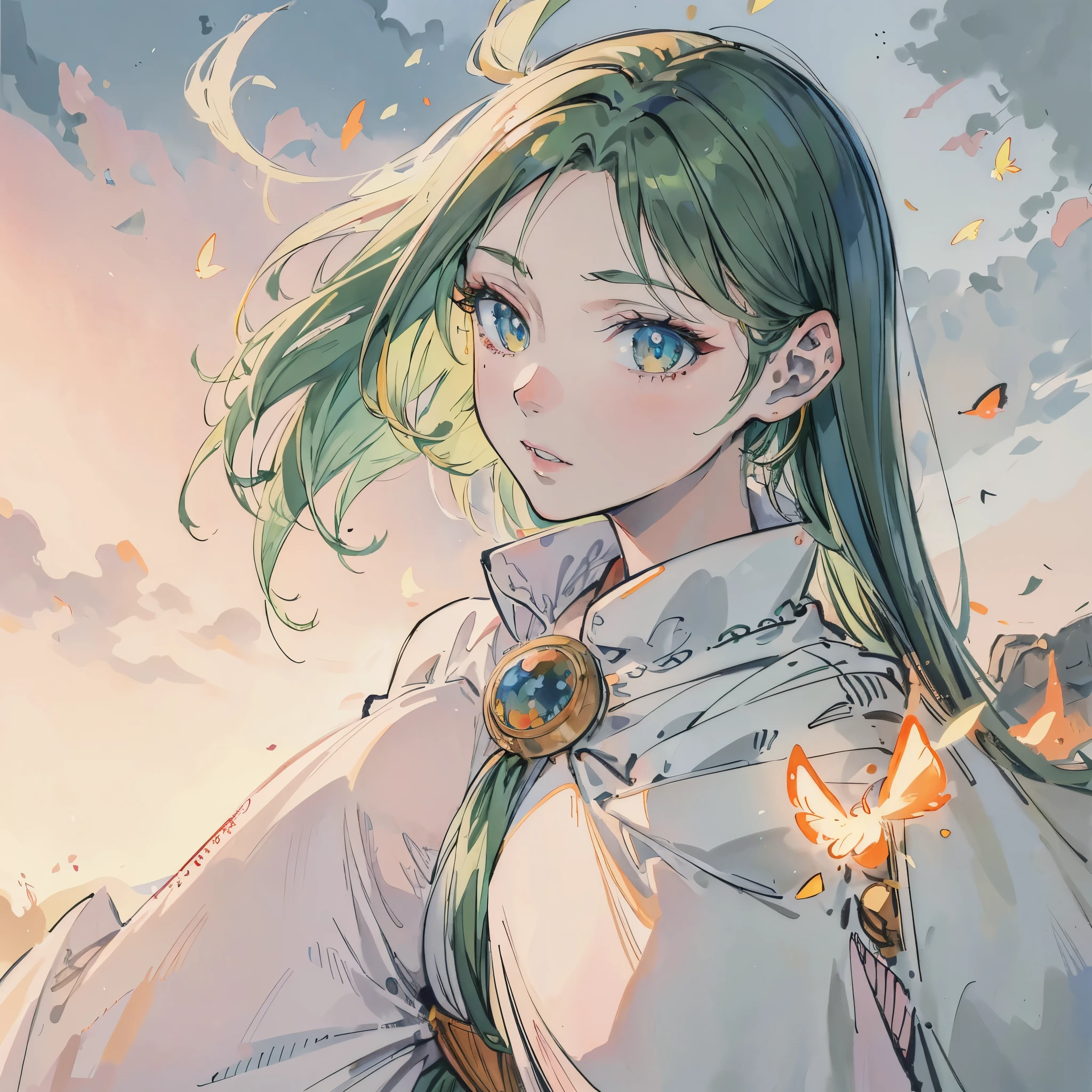 Virtuous person, crimson hair, Amber eyes, hero, pinkish white skin, anime girl, Fog, medieval, 1 girl, Europe, Amber eyes, orange-yellow eyes, anime girl with long green hair and blue eyes with a butterfly in her hand, portrait knights of zodiac girl, palutena, beautiful anime portrait, detailed digital anime art, lady palutena, detailed anime character art, trending on artstation pixiv, beautiful anime artwork, detailed portrait of anime girl, anime illustration, highly detailed exquisite fanart