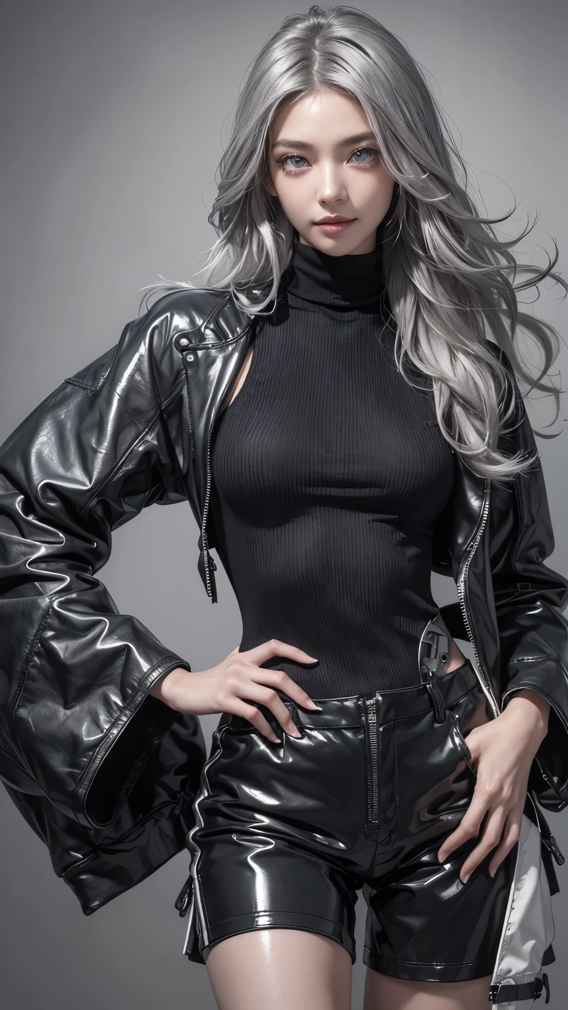 (Realistic:1.2), (fashion portrait:1.6), (brand collection, fashion brand theme:1.6), (detailed, beautiful, masterpiece, best quality:1.2), _ BREAK (1girl:1.2), 22 years old, 160 cm, Japanese cute model, Tightened all body, medium Breasts, small head, small face, diamond Face, small nose, Sharp Faceline, Detailed face, Detailed eyes, young hands and fingers, beautiful hands and fingers, five fingers, _ BREAK (happy, smile, Glossy Lips:1.3), (Light color lips, Half open mouth, beautiful Teeth:1.2), (dropy eyes, Double eyelid, light color eyes, Shiny eyes:1.5), Shiny skin, _ BREAK (arranged hairstyle:1.4), (gray hair, shiny hair, _ BREAK (gray background:1.4), mist, fog , Natural white lightning, _ BREAK (wide angle:1.4), (standing, fashion model pose:1.4), focus face, from below, BREAK (Cyberpunk and wool fusion:1.3), ((wear an oversized black wool turtleneck with rubberized surface) for a luxurious, futuristic, bodysuit, High legs, nylon, and Breaker feel:1.2), (Wear an oversized nylon black outerwear over a bodysuit:1.2), (wide sleeves:1.2), (3/4 length:1.2), (simple yet cyberpunk-themed design:1.3), BREAK (black and White theme:1.3), (Low rise short pants with a black subtle reflective pattern:1.2), BREAK (White and black horizontal stripes SOCKS:1.2), (Zettai Ryouiki:1.2),(super Thick sole technical High Sneaker with sleek metal details:1.3), (edgy and versatile:1.2),(Long drooping silver pierce:1.2),