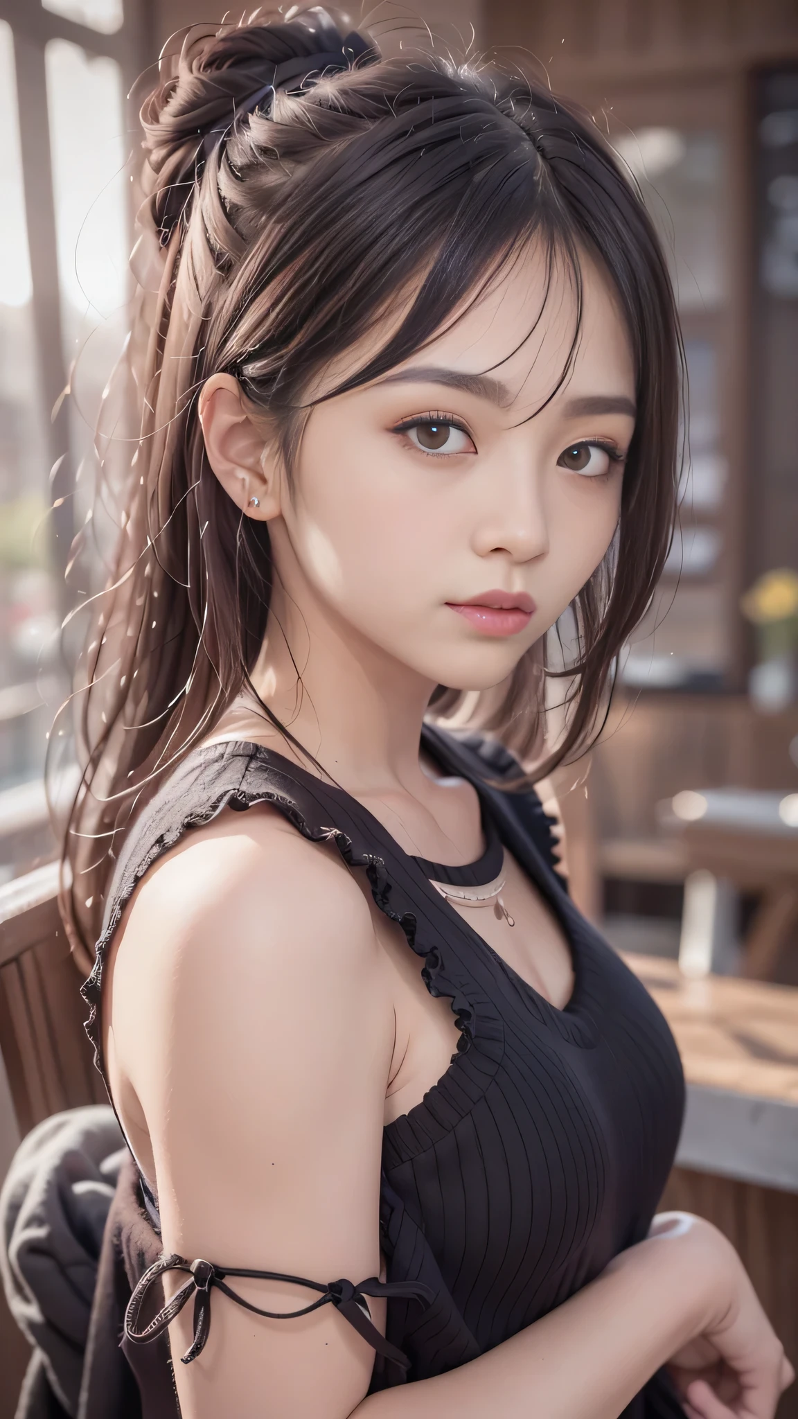 Woman working in urban tavern,((smooth hair,detailed hairs,Very fine hairs)),extremely detailed eye and face、beatiful detailed eyes,((Cool color makeup,Lowered eyebrows、Whitening effect,thin and thin eyebrows,