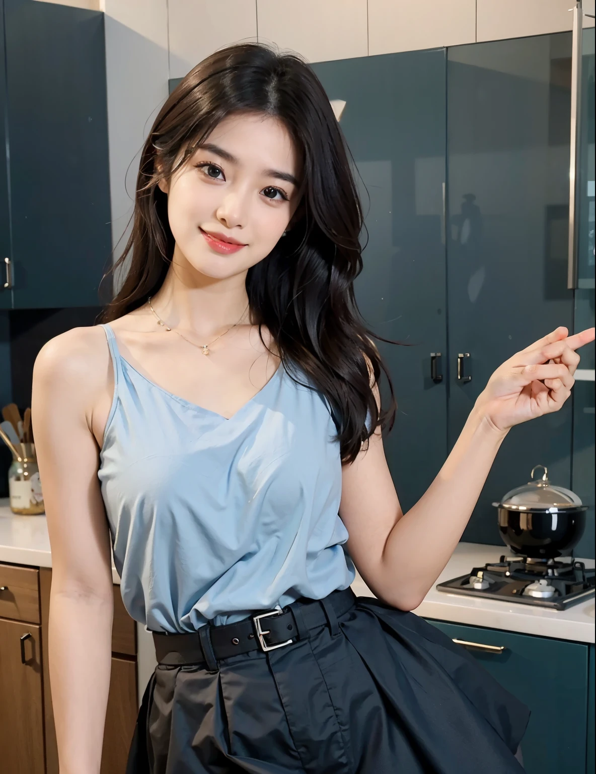 raw, analog style, Beautifully, best quality, Ultra-detailed, fine detail, Wide-angle lens, rich and colorful, (Perfect body, perfect face), 详细whole body, (beautiful 30 years old Lovely malay girl: 1.3), soft lips, (light eyebrows: 1.4), 1 female, 30 years old, focus only, plump, brown skin, Sunshine for healthy skin, soft lips, ( light eyebrows: 1.4), Shiny brown eyes, Long wavy black hair, hairpin, medium bust, 精致的modern furniture, flowing hair(Circle hair), beautiful and Beautifully eyes, powder blue skirt, Smile, best quality, ultra high resolution, (realism: 1.4), hyperrealism, 1 girl, Smile, Lovely, whole body, C cup, small breasts, covered breast, Lovely charming round face, Very detailed, Beautifully collarbone, sapphire necklace, charming figure, Light blue girl's dress, Smile, at home kitchen, White cabinets, modern home, modern furniture, 桌上有wine杯, wine, playful gesture