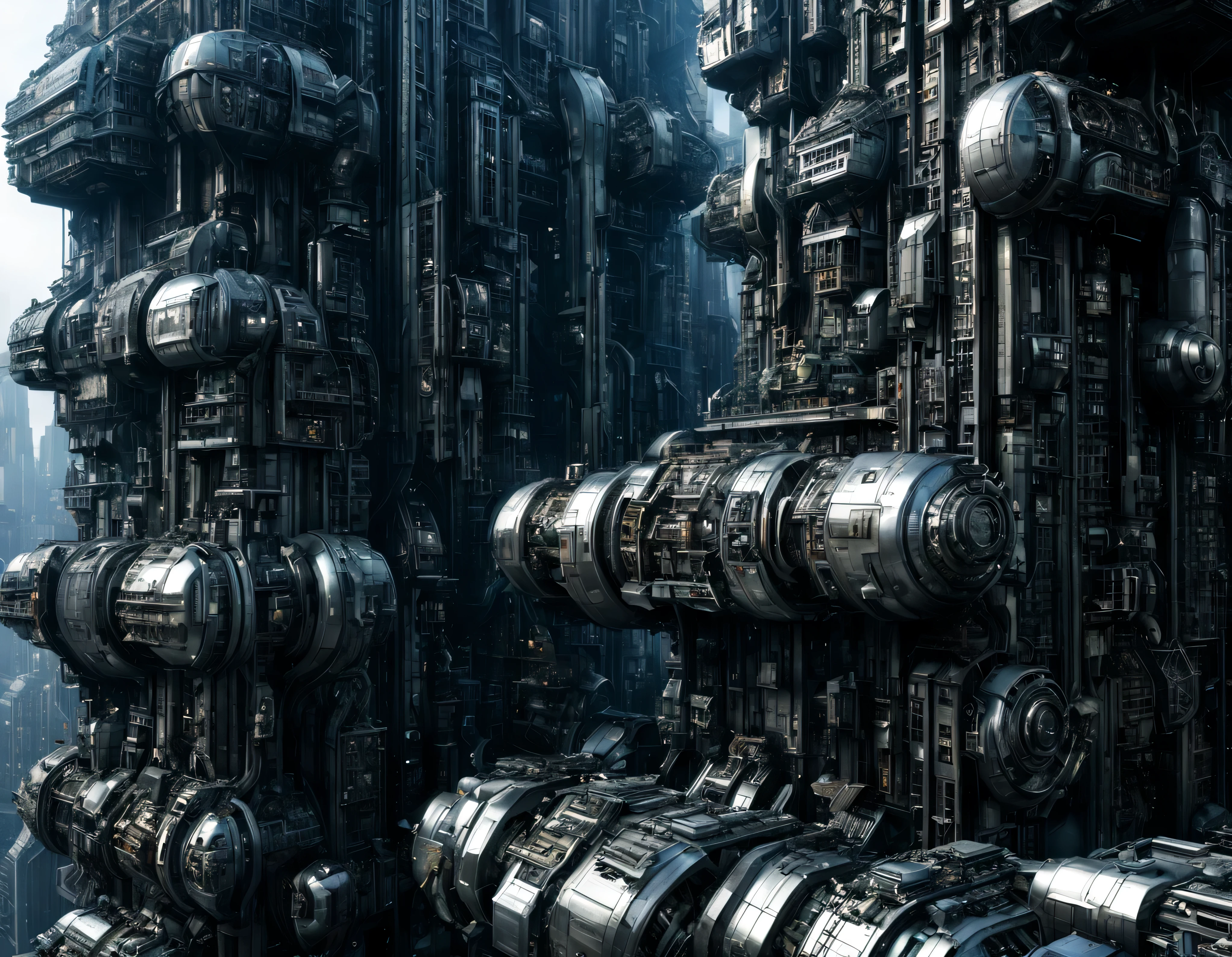 megacity, megalopolis of an imaginary world of science fiction and maximum fantasy, con inmensos edificios ovalados agrupados de metal y cristal donde predomina el acero inoxidable. imagen bien definida 8k, (intrincados detalles de la maquina), con muchos edificios juntos.(obra maestra de superior calidad).(imagen fotorrealista), nitidez absoluta hasta el fondo.