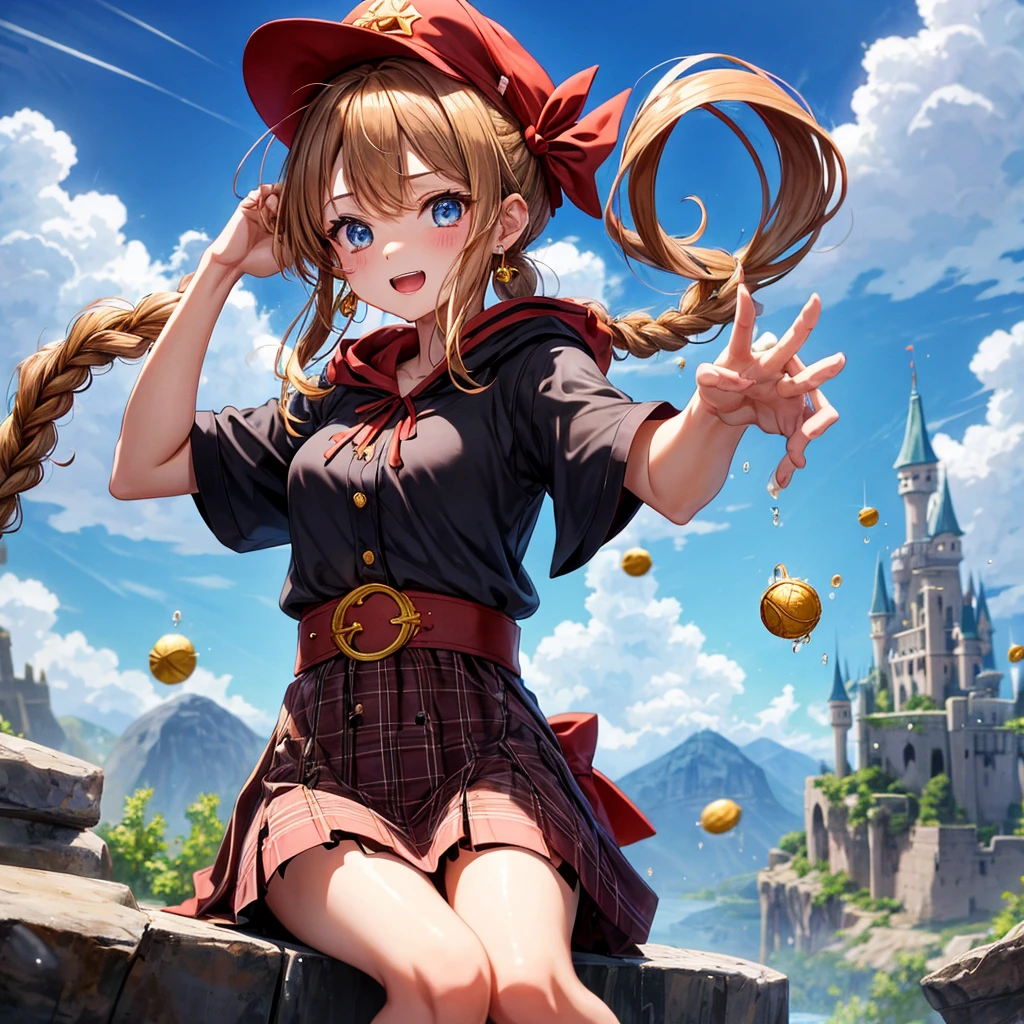 reddish-brown blonde、blue eyes、Braid、ponytail、one good looking girl、solo、anime、Plaid miniskirt、the skirt has buttons、camisole、black t-shirt、dress、Doing the ribbon、Ribbon at waist、cloak、Crystal Grotto、hood、desert、clouds are swirling、stone slabs are piled up、one hand raised、Wearing a baseball cap 、crystal earrings、sun、sitting、gold coins are falling、teeth are visible、splash of water、monster castle、have a world map、bow、Swing