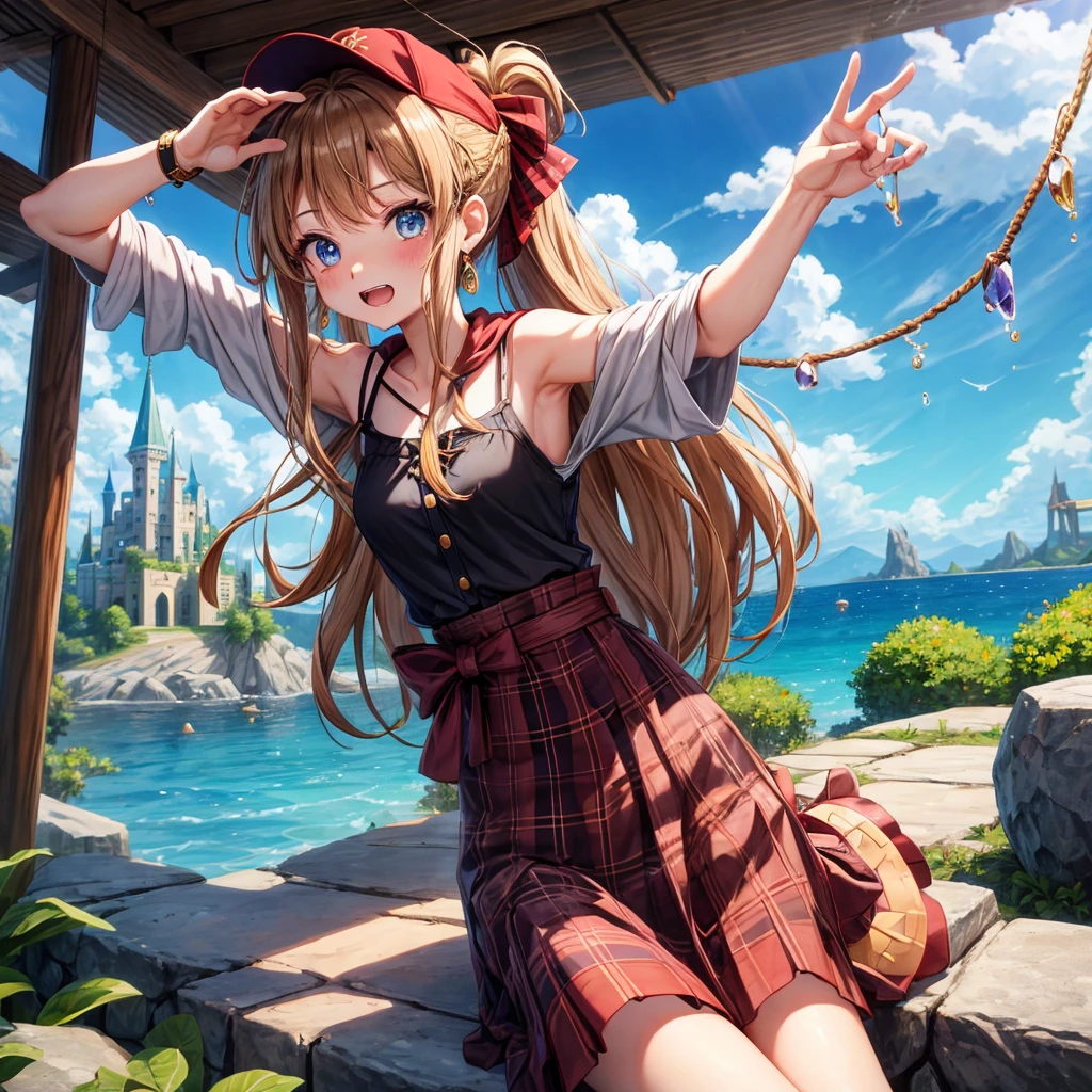 reddish-brown blonde、blue eyes、Braid、ponytail、one good looking girl、solo、anime、Plaid miniskirt、the skirt has buttons、camisole、black t-shirt、dress、Doing the ribbon、Ribbon at waist、cloak、Crystal Grotto、hood、desert、clouds are swirling、stone slabs are piled up、one hand raised、Wearing a baseball cap 、crystal earrings、sun、sitting、gold coins are falling、teeth are visible、splash of water、monster castle、have a world map、bow、Swing