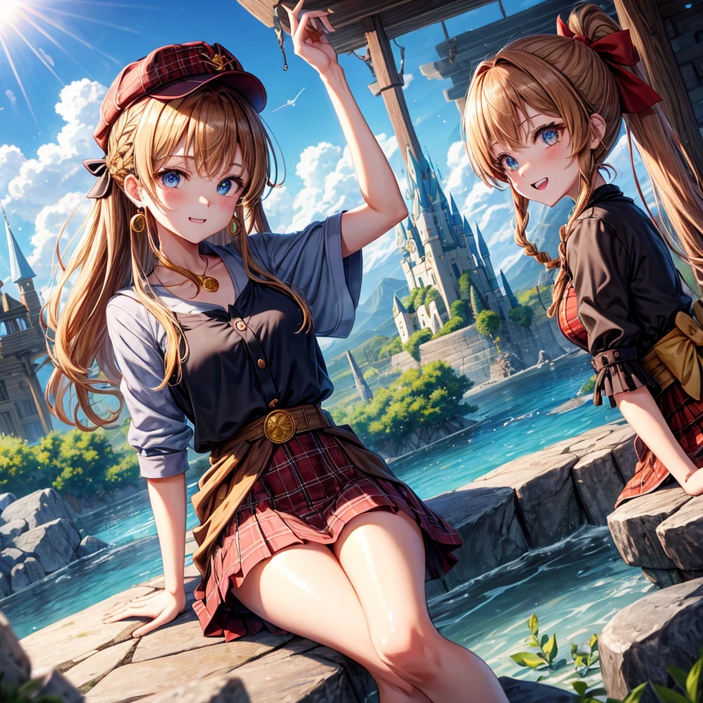 reddish-brown blonde、blue eyes、Braid、ponytail、one good looking girl、solo、anime、Plaid miniskirt、the skirt has buttons、camisole、black t-shirt、dress、Doing the ribbon、Ribbon at waist、cloak、Crystal Grotto、hood、desert、clouds are swirling、stone slabs are piled up、one hand raised、Wearing a baseball cap 、crystal earrings、sun、sitting、gold coins are falling、teeth are visible、splash of water、monster castle、have a world map、bow、Swing