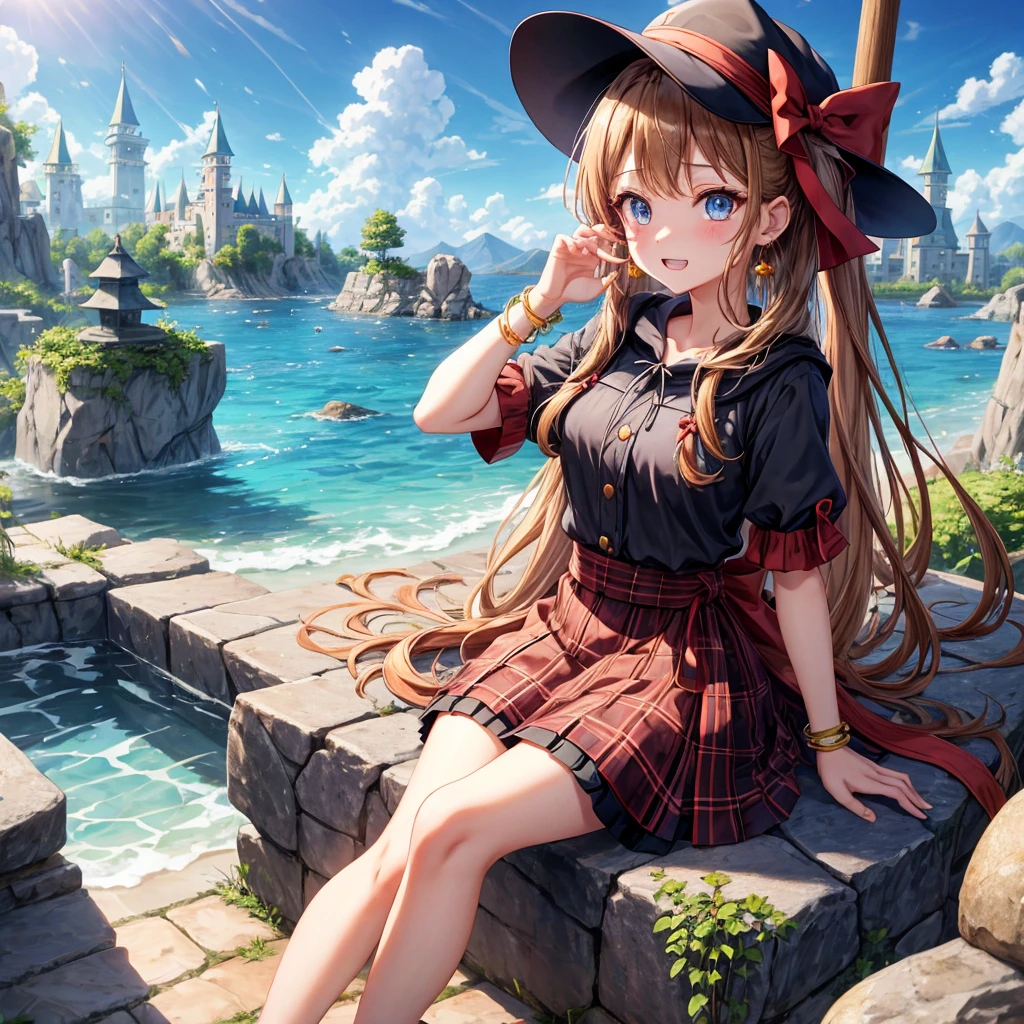 reddish-brown blonde、blue eyes、Braid、ponytail、one good looking girl、solo、anime、Plaid miniskirt、the skirt has buttons、camisole、black t-shirt、dress、Doing the ribbon、Ribbon at waist、cloak、Crystal Grotto、hood、desert、clouds are swirling、stone slabs are piled up、one hand raised、Wearing a baseball cap 、crystal earrings、sun、sitting、gold coins are falling、teeth are visible、splash of water、monster castle、have a world map、bow、Swing