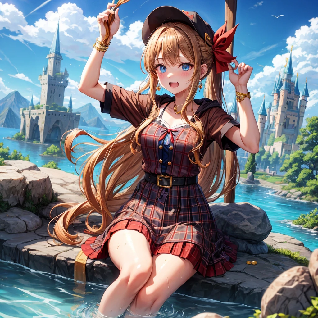 reddish-brown blonde、blue eyes、Braid、ponytail、one good looking girl、solo、anime、Plaid miniskirt、the skirt has buttons、camisole、black t-shirt、dress、Doing the ribbon、Ribbon at waist、cloak、Crystal Grotto、hood、desert、clouds are swirling、stone slabs are piled up、one hand raised、Wearing a baseball cap 、crystal earrings、sun、sitting、gold coins are falling、teeth are visible、splash of water、monster castle、have a world map、bow、Swing