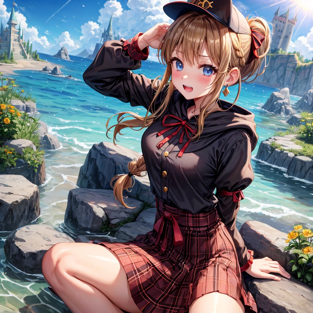 reddish-brown blonde、blue eyes、Braid、ponytail、one good looking girl、solo、anime、Plaid miniskirt、the skirt has buttons、camisole、black t-shirt、dress、Doing the ribbon、Ribbon at waist、cloak、Crystal Grotto、hood、desert、clouds are swirling、stone slabs are piled up、one hand raised、Wearing a baseball cap 、crystal earrings、sun、sitting、gold coins are falling、teeth are visible、splash of water、monster castle、have a world map、bow、Swing