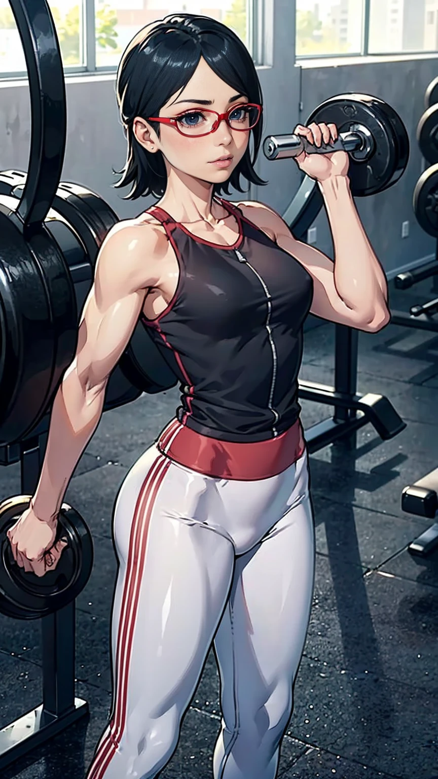 (Sarada Uchiha, shor hair, black hair, glasses, black eyes, red glasses), ((austere, shiny eyes, red tank top, white yoga pants, tight clothes)), (((muscular, fitness))) 1girl, solo, standing ((standing, gym background, pose)), with gym equipment, mirrors