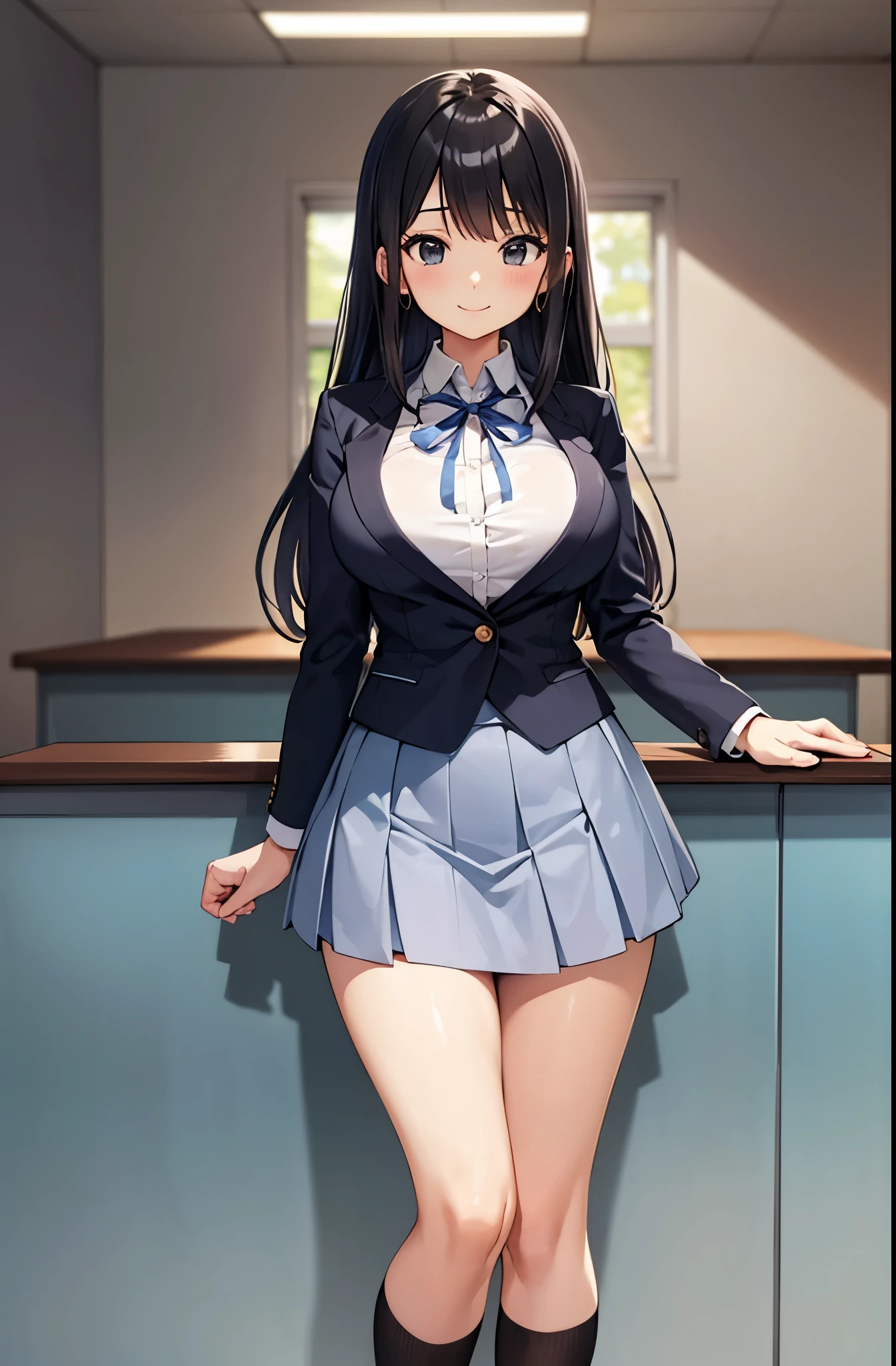 one girl、Honor Students、popular person、beautiful black hair、hair that reaches waist、bangs、black eyes、big breasts(C-cup)、blazer、3rd high school studght: 160cm、Weight 50kg、delicate body、gray skirt、blue ribbon、Skirt length is 10cm above the knee、looking at the viewer、cute face、cute anime illustration、standing in the classroom、black socks、mischievous smile