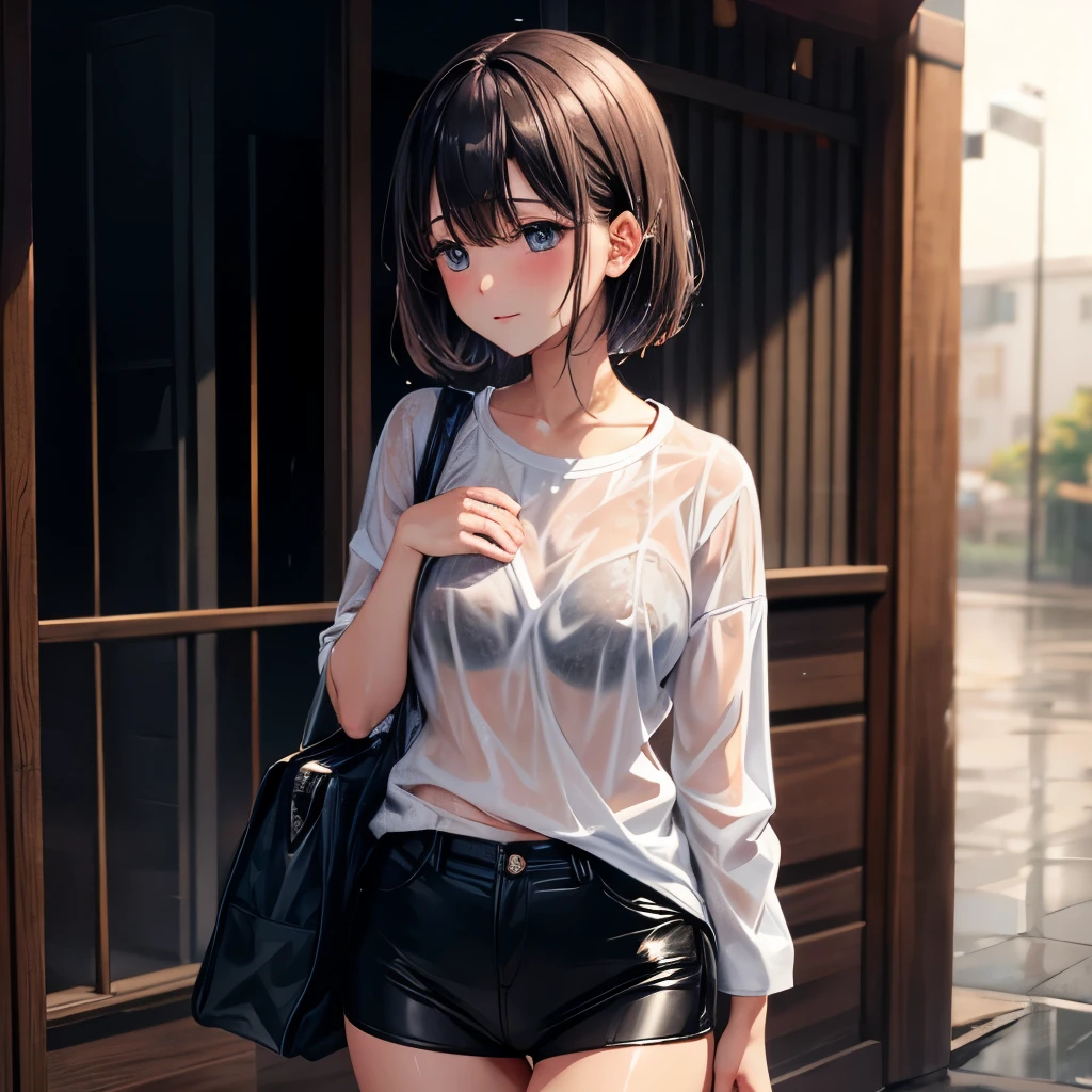 My clothes are wet from the rain and my underwear is visible.、rain