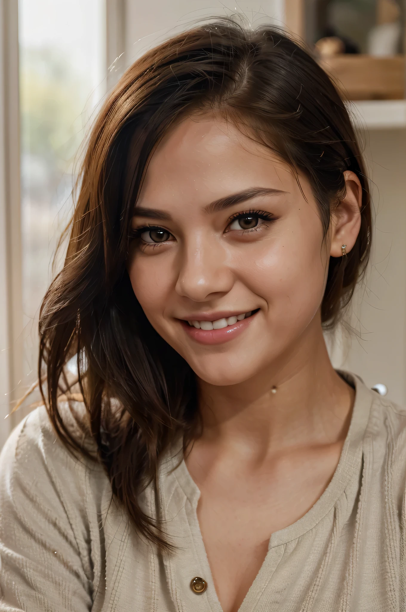 closeup portrait of girl with a cute smile, (realistic, photorealistic, photo-realistic:1.37), rich colors, wearing a weatshirt, hyper-realistic skin, intricate details, (best quality, 4k, 8k, highres, masterpiece:1.2), sharp focus, natural lighting, f2, 35mm, film grain, black hair, half shaved haircut, long hair, hair combed to one side, attractive girl, smile, happy, amber eyes,