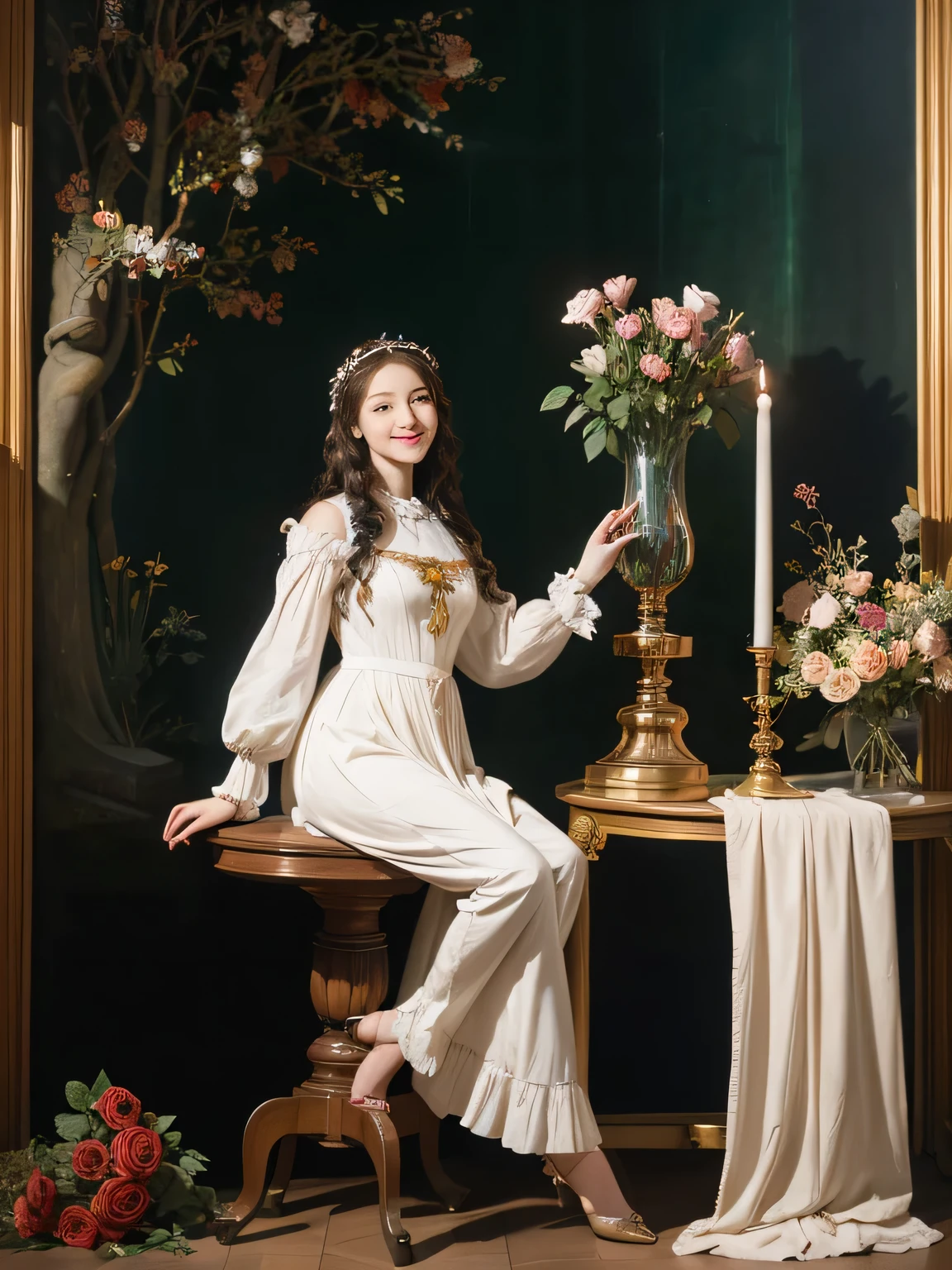 full body portrait or statue、Stained glass、Vigée Leblanc style、math、astronomical machine、astronaut、roses in vase、fruits、Cute trinkets、smile、ancient greek costume、Sandro Botticelli paintings、Costume that stretches your body