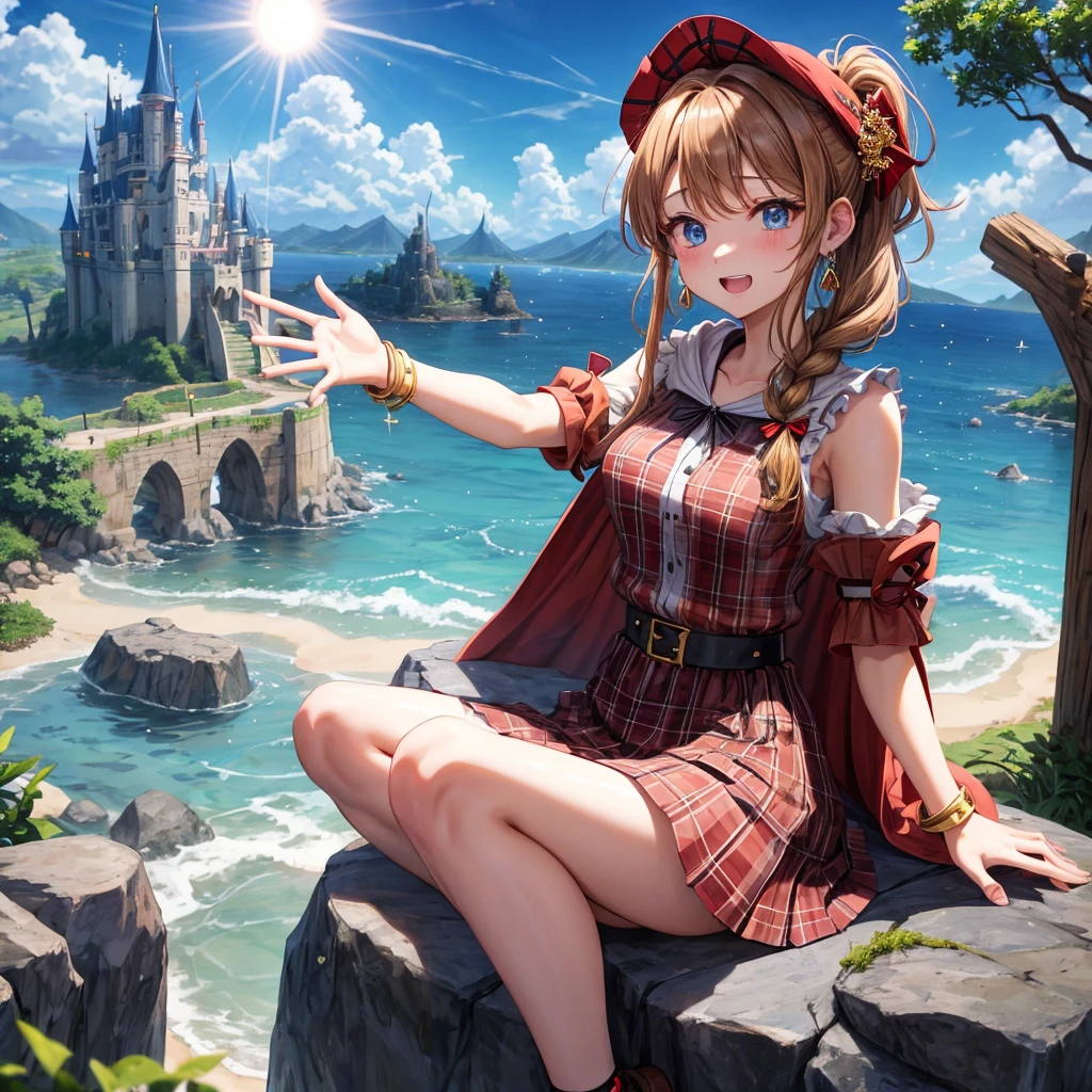 reddish-brown blonde、blue eyes、Braid、ponytail、one good looking girl、solo、anime、Plaid miniskirt、the skirt has buttons、camisole、black t-shirt、dress、Doing the ribbon、Ribbon at waist、cloak、Crystal Grotto、hood、desert、clouds are swirling、stone slabs are piled up、one hand raised、Wearing a baseball cap 、crystal earrings、sun、sitting、gold coins are falling、teeth are visible、splash of water、monster castle、have a world map、bow、Swing