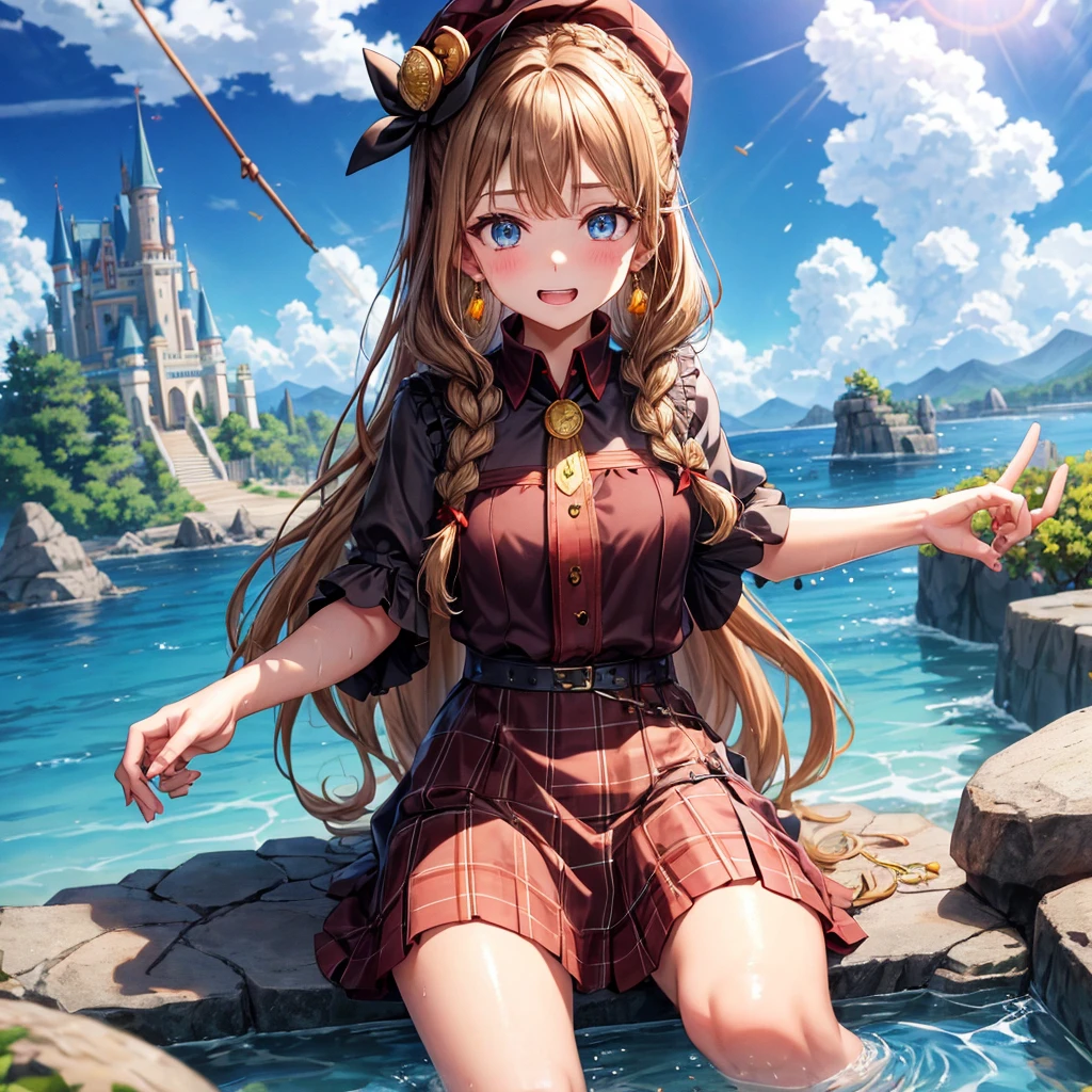 reddish-brown blonde、blue eyes、Braid、ponytail、one good looking girl、solo、anime、Plaid miniskirt、the skirt has buttons、camisole、black t-shirt、dress、Doing the ribbon、Ribbon at waist、cloak、Crystal Grotto、hood、desert、clouds are swirling、stone slabs are piled up、one hand raised、Wearing a baseball cap 、crystal earrings、sun、sitting、gold coins are falling、teeth are visible、splash of water、monster castle、have a world map、bow、Swing