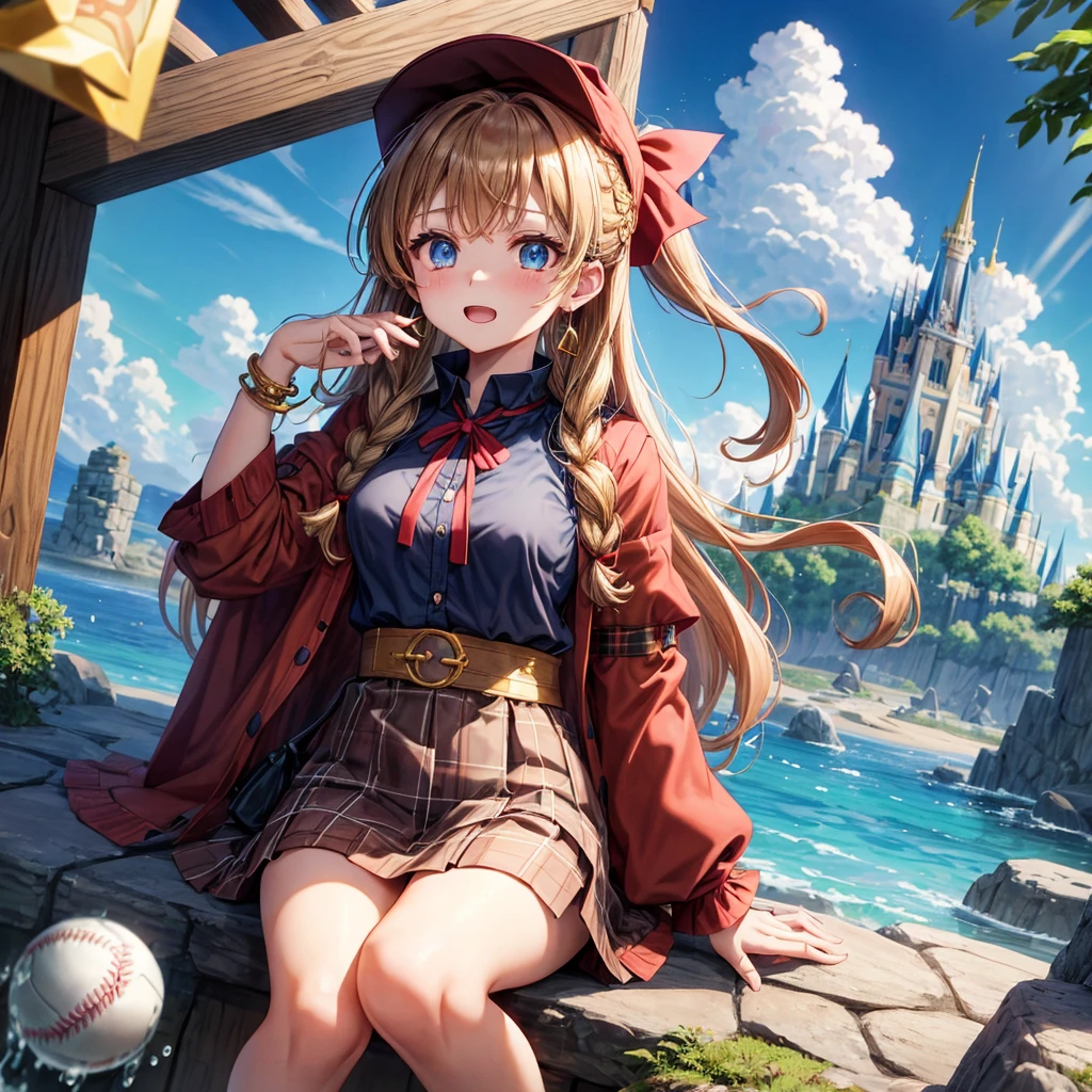 reddish-brown blonde、blue eyes、Braid、ponytail、one good looking girl、solo、anime、Plaid miniskirt、the skirt has buttons、camisole、black t-shirt、dress、Doing the ribbon、Ribbon at waist、cloak、Crystal Grotto、hood、desert、clouds are swirling、stone slabs are piled up、one hand raised、Wearing a baseball cap 、crystal earrings、sun、sitting、gold coins are falling、teeth are visible、splash of water、monster castle、have a world map、bow、Swing