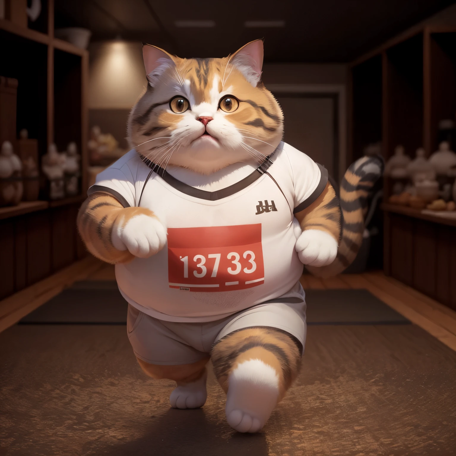 Cat(Details of Munchkin's appearance、body hair is light gray、legs are short、Chubby body type、Twearing a shirt、Pathetic face), background