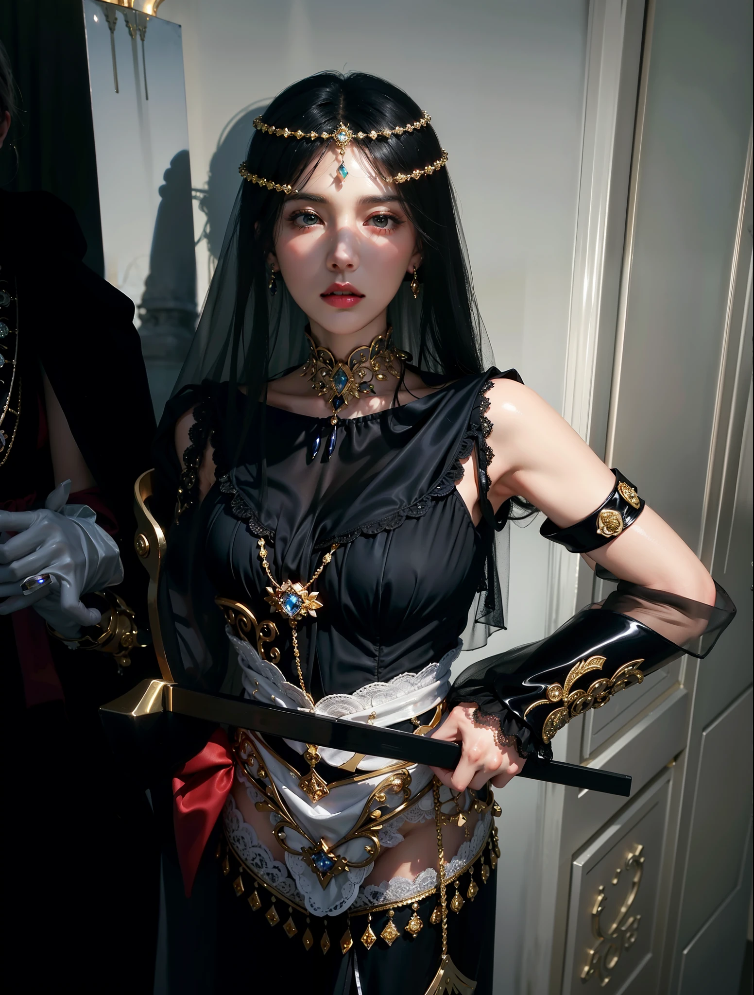 Royal sister，exquisite eyes，Detailed facial expressions，mature body，tall figure，number，Leg length，4K，HD，Sensual，White translucent lace，Fair and plump figure，pretty face，Little cherry mouth，beautiful and delicious（3D royal sister)，Gorgeous dress encrusted with gemstones crystal gold diamonds，gloss gel coat，veil